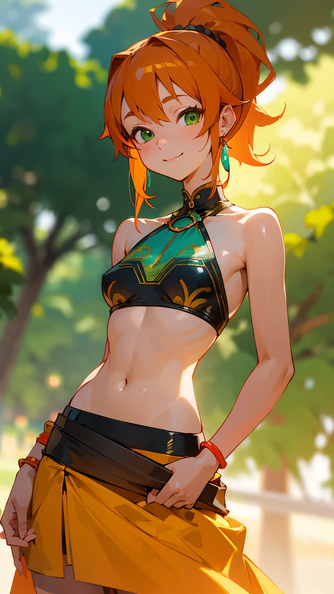 1 Girl、、Sharp focus、(Bokeh) (Highest quality) (Detailed skin:1.3) (Intricate details) (anime)、Orange Hair、ponytail、Green Eyes、18-year-old、(Please put your hands on your hips)、chest、Slim figure、bikini、A pareo skirt with bold ethnic patterns and plenty of primary colors、Realistic Skin、Shiny skin, Sunburned skin、Cowboy Shot、Side body、smile、smile、Park in the background、Soft lighting