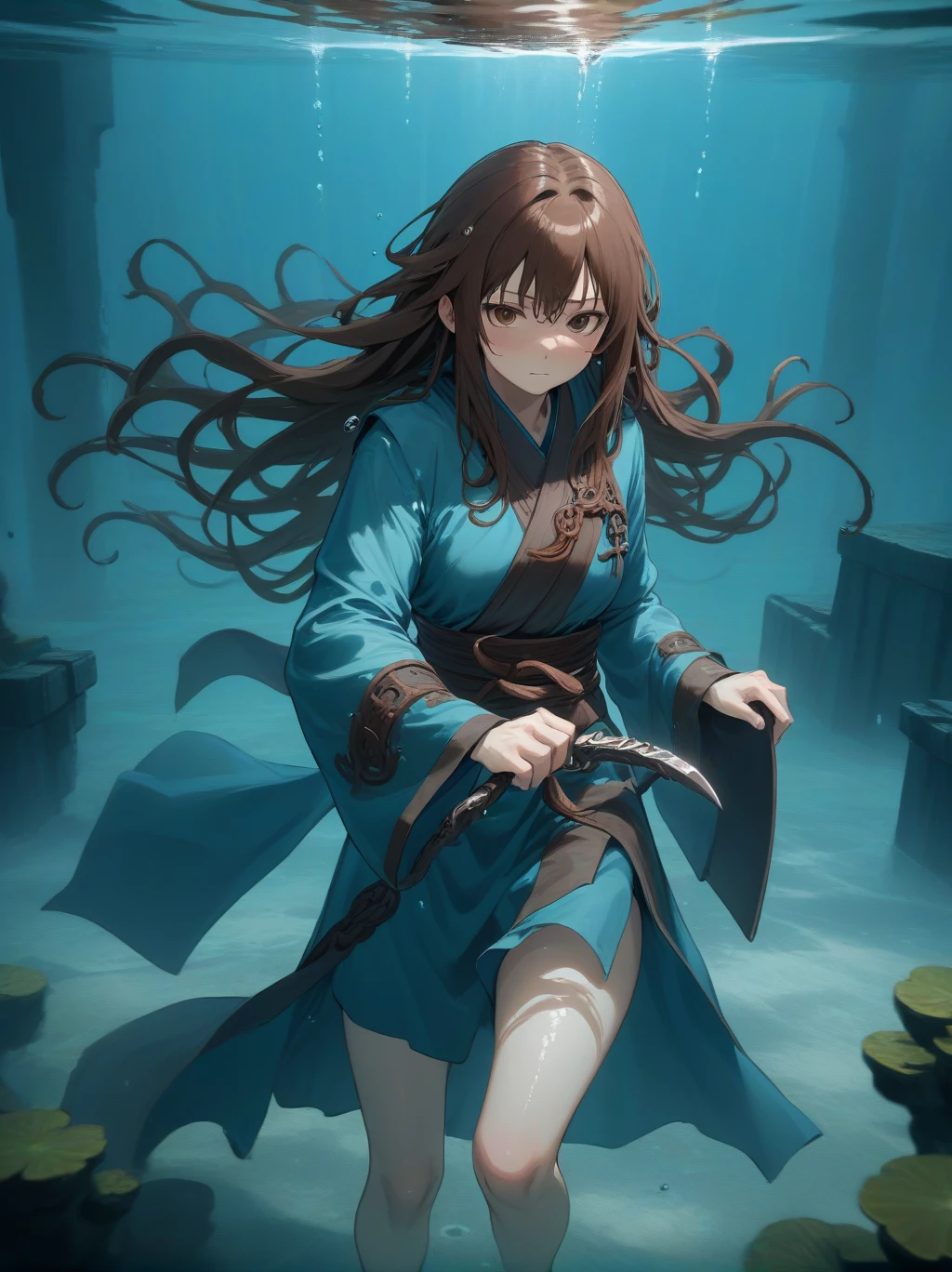 Partially underwater,最high quality,high quality, , Long Hair, Brown Hair, Wet Hair, Flat Chest,Dark underground labyrinth,No light,Cloth armor,Equipped with a dagger and a shield,Face above water,Body in water, Underwater Photography,The robe rolls up due to buoyancy,Painful face、My leg is pulled by tentacles、Being dragged into the water、Go wild