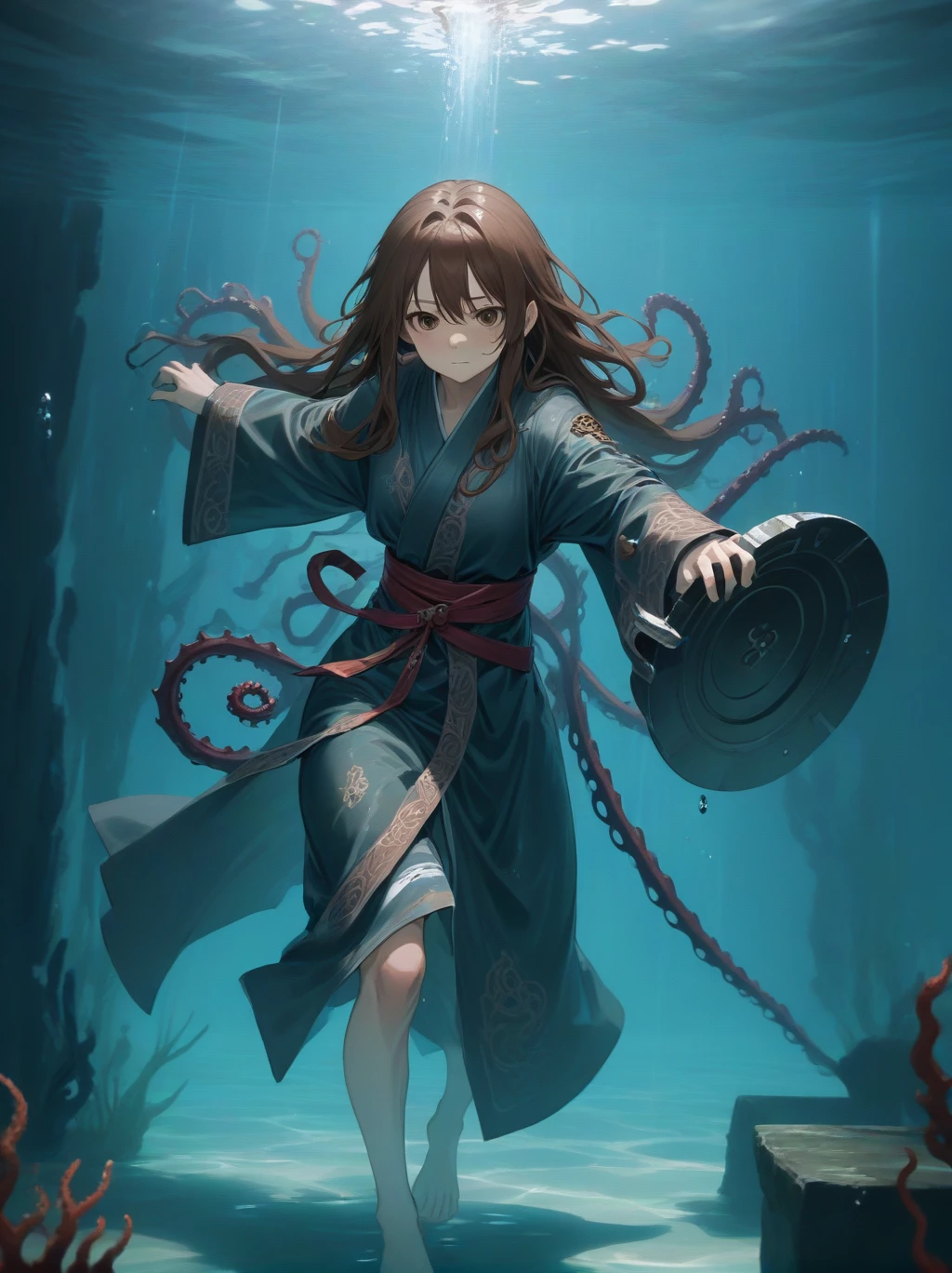 Partially underwater,最high quality,high quality, , Long Hair, Brown Hair, Wet Hair, Flat Chest,Dark underground labyrinth,No light,Cloth armor,Equipped with a dagger and a shield,Face above water,Body in water, Underwater Photography,The robe rolls up due to buoyancy,Painful face、My leg is pulled by tentacles、Being dragged into the water、Go wild