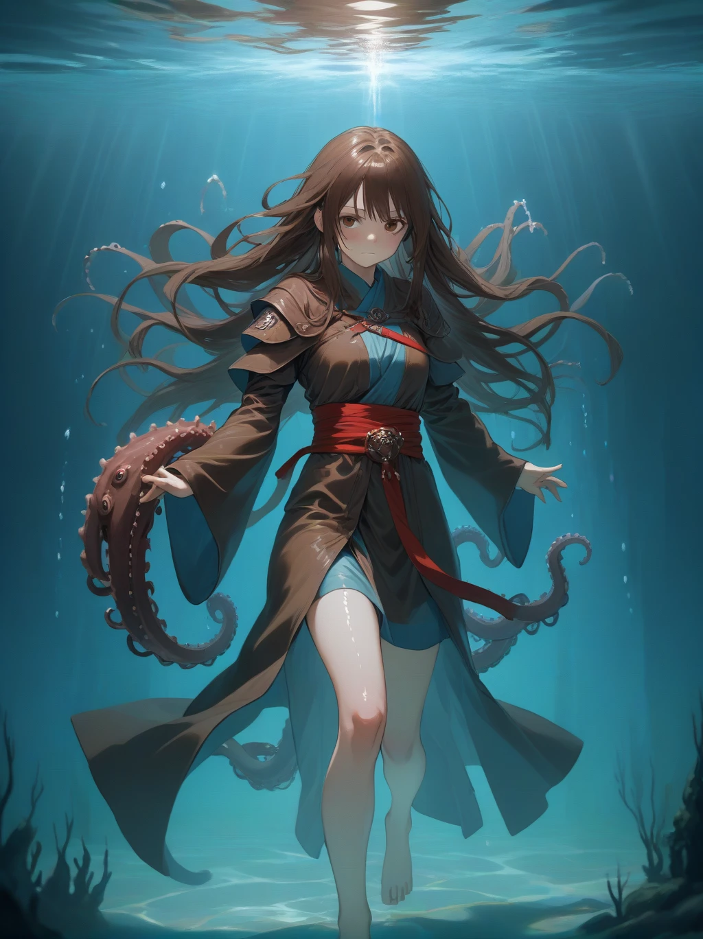 Partially underwater,最high quality,high quality, , Long Hair, Brown Hair, Wet Hair, Flat Chest,Dark underground labyrinth,No light,Cloth armor,Equipped with a dagger and a shield,Face above water,Body in water, Underwater Photography,The robe rolls up due to buoyancy,Painful face、My leg is pulled by tentacles、Being dragged into the water、Go wild