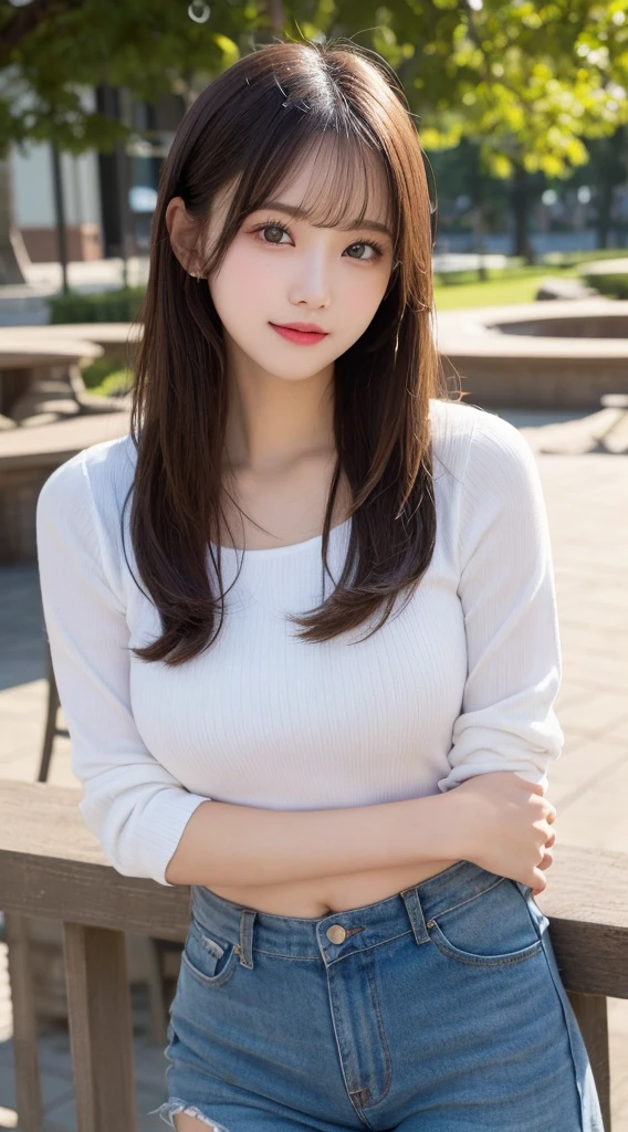 Tabletop, Highest quality, shape, Very detailed, finely, High resolution, 8k wallpaper, 完璧なダイナミックな構shape, Beautiful and exquisite, Nice spring clothes,Beautiful straight hair,Small breasts,Natural color lip, 20-year-old girl、cute、Always blur the background,Perfect and beautiful face,Beautiful and dense face、Slim face and figure,Big eyes、Putting on gal makeup,Actual Photos（Best image quality）、Sexy Face、Fashion model posing、Full Body Shot、smile、Change pose randomly、Randomly change the shooting angle and position、Summer Fashion、Looking up at the sky