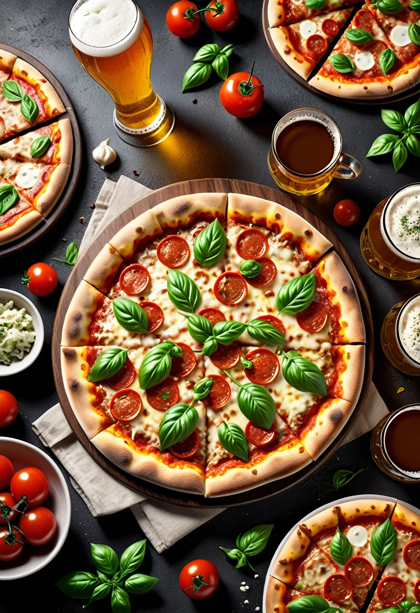 ((masterpiece, Highest quality, Best image quality, High resolution, Realistic, RAW Photos, 32k)), ((Highly detailed CG integrated 32k wallpaper)), delicious, crisp and sharp, Full plate, (((((Photos of food only))))), beer, pizza,