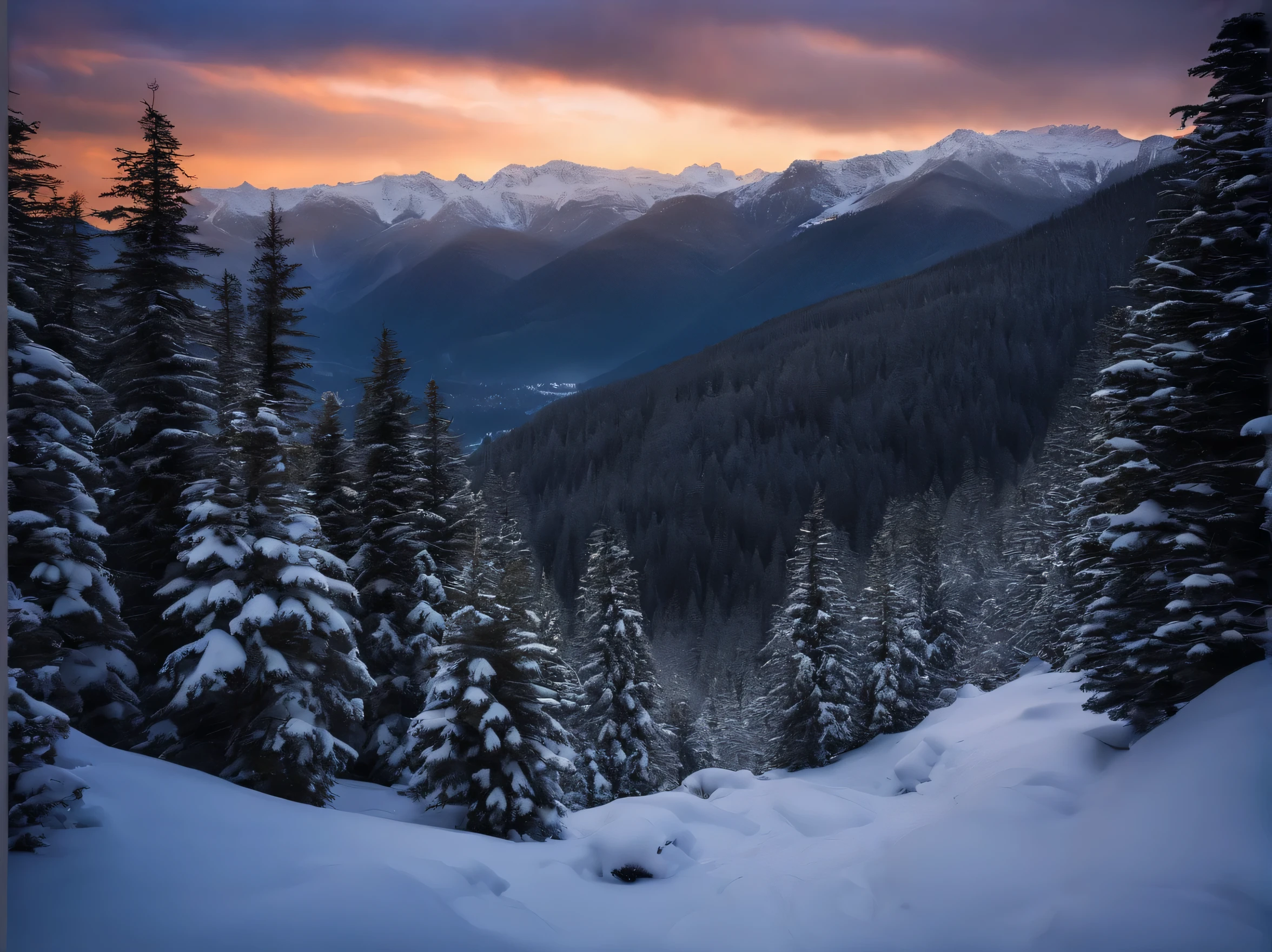A snowy valley, surrounded by tall fir trees, whose branches are heavily covered with snow, while in the background the mountains glitter in the distance.