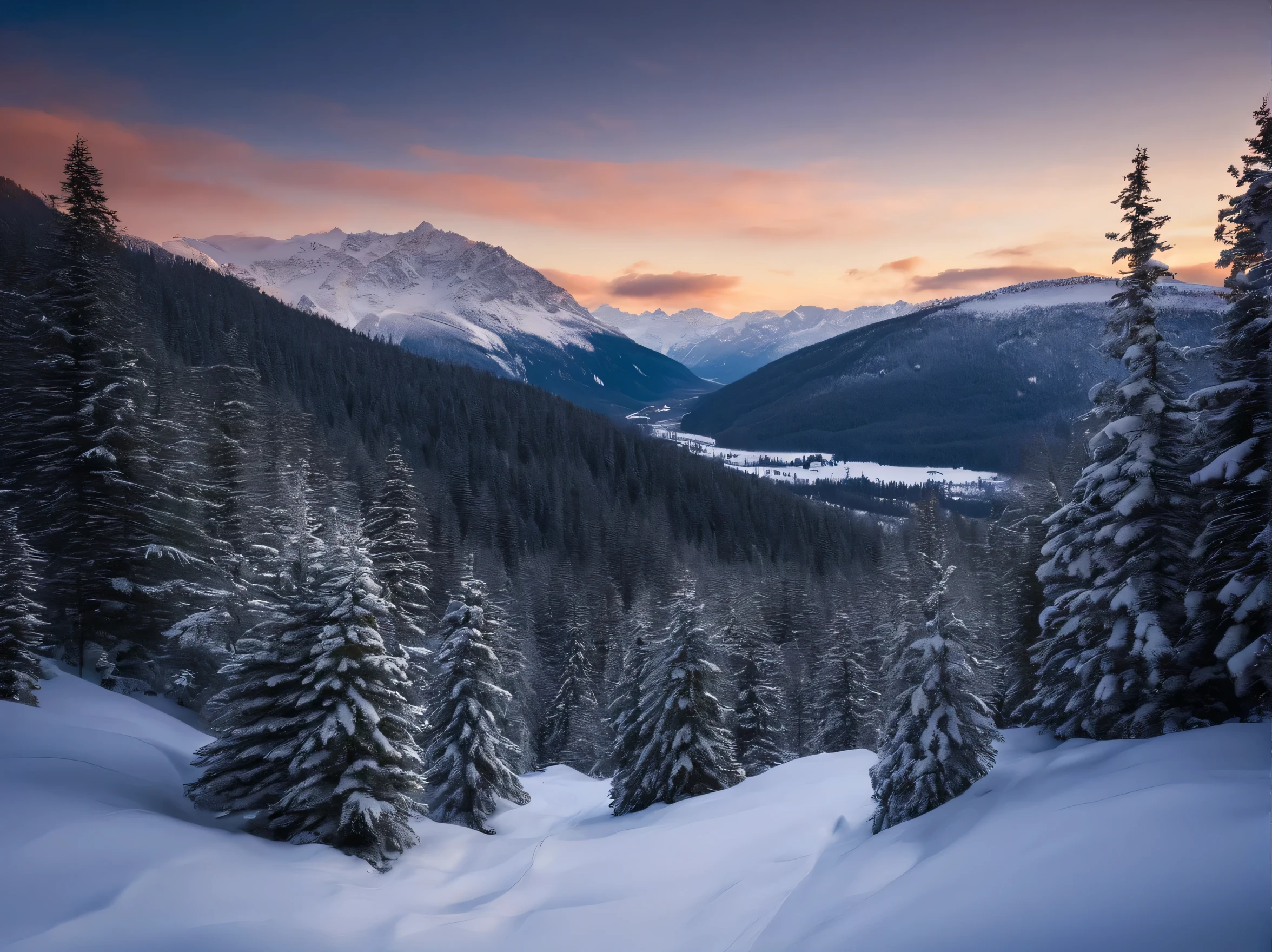 A snowy valley, surrounded by tall fir trees, whose branches are heavily covered with snow, while in the background the mountains glitter in the distance.