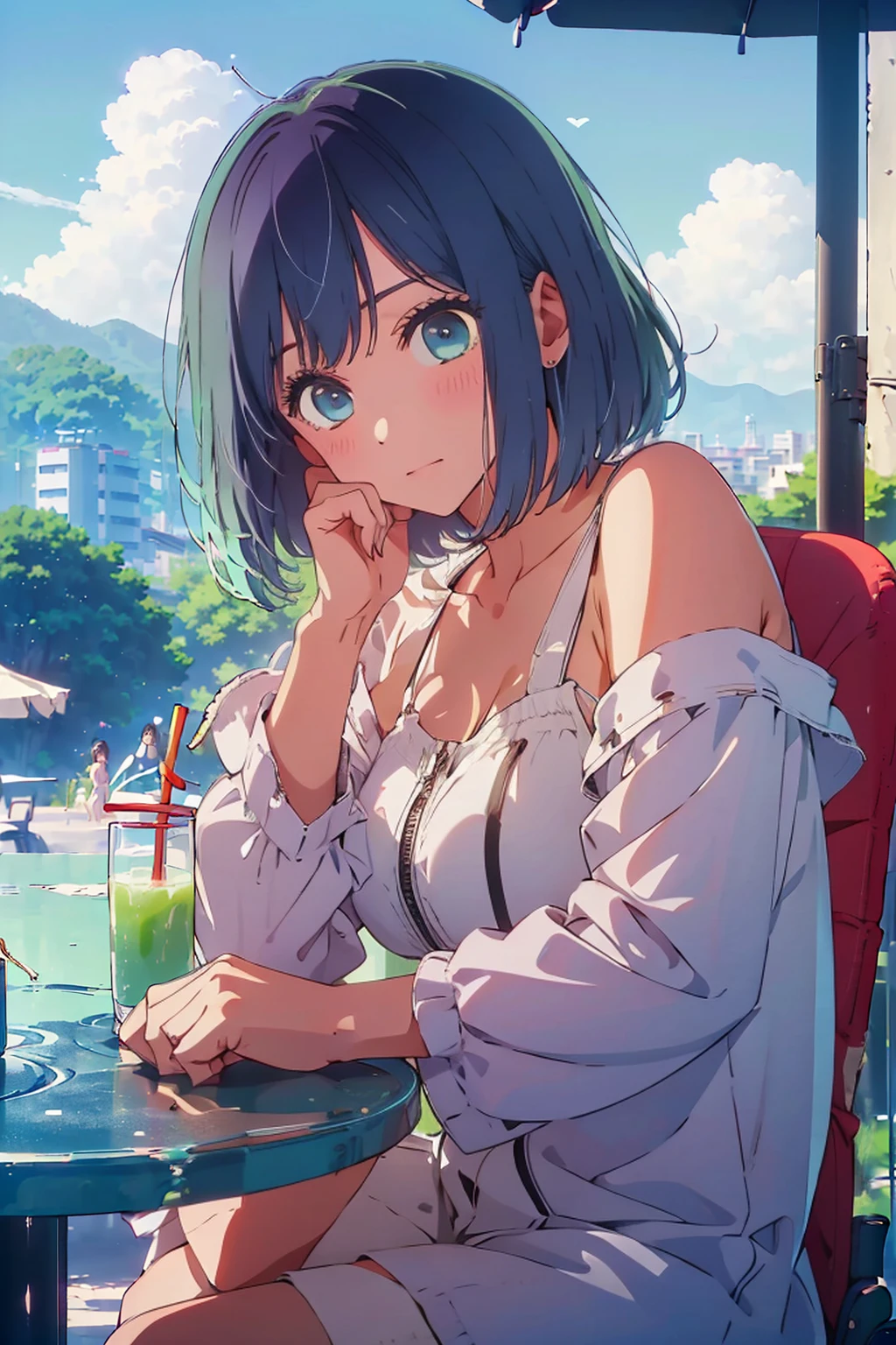 (Highest quality:1.4、8K:1.4、detailed)、F cup bust、Big Breasts、Slim body、Very white beautiful skin、((((1 person、Surprised expression、sit、Chair、In the background are the urban buildings of Tokyo、looking at the camera、Outdoor café terrace、Navy hair color、juice、Shooting up close、Shooting from an angle、table、Very cute face))))、((((nude、Areola))))、(Hand touching cheek pose:1.4、Cheek resting on hand:1.4)、(Off-the-shoulder blouson、Black blouson with zipper)、Very blue sky、A completely cloudless sky