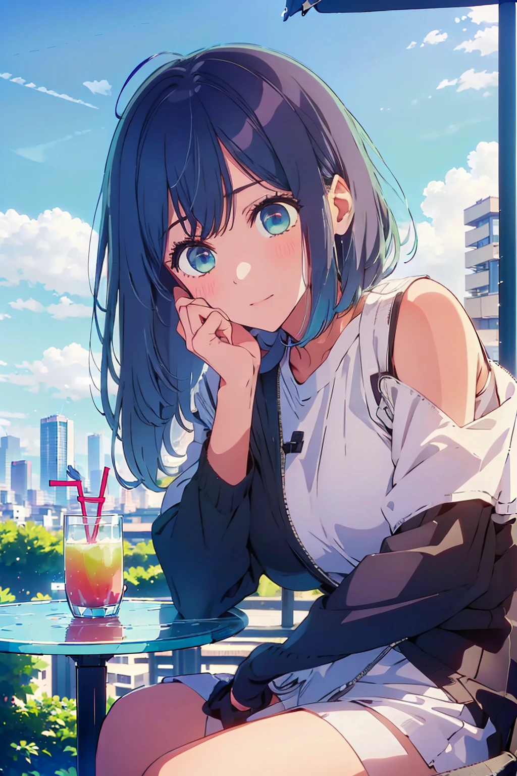 (Highest quality:1.4、8K:1.4、detailed)、F cup bust、Big Breasts、Slim body、Very white beautiful skin、((((1 person、Surprised expression、sit、Chair、In the background are the urban buildings of Tokyo、looking at the camera、Outdoor café terrace、Navy hair color、juice、Shooting up close、Shooting from an angle、table、Very cute face))))、((((nude、Areola))))、(Hand touching cheek pose:1.4、Cheek resting on hand:1.4)、(Off-the-shoulder blouson、Black blouson with zipper)、Very blue sky、A completely cloudless sky