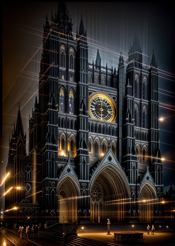 there is a large cathedral with a clock on the front of it, gothic cathedral, cathedral, neo - gothic architecture, neo-gothic concept, gothic architecture, rendered in corona, photographic isometric cathedral, by Artur Tarnowski, alabaster gothic cathedral, gothic building style, a massive cathedral in a forrest, cathedral!!!!!, Gothic art, black sky, everning time, realistic, depth of field, cinematic lighting, masterpiece, best quality, high quality, high details,