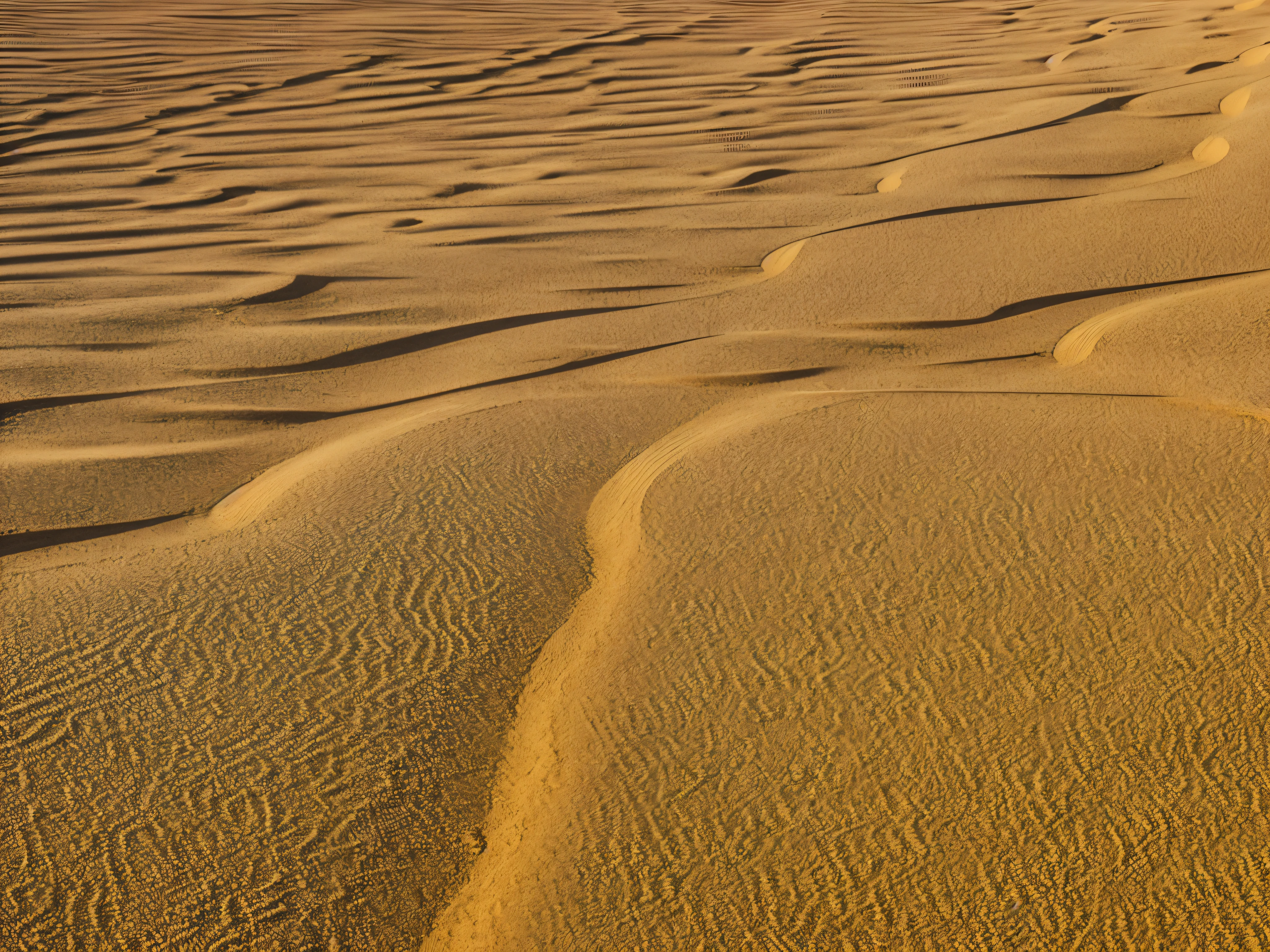 The desert landscape is a mesmerizing tapestry of undulating sand dunes and intricate patterns formed by wind erosion. The primary subject of this image is the vast expanse of the desert, showcasing the natural beauty and unique textures created by the forces of nature. This visually stunning photograph captures the contrast between the smooth, rolling dunes and the sharp, detailed patterns etched into the sand. The colors range from warm earth tones to cool blues and greys, blending seamlessly in a harmonious display of texture and form. Every detail is crisp and clear, inviting viewers to immerse themselves in the serene and captivating beauty of the desert landscape.