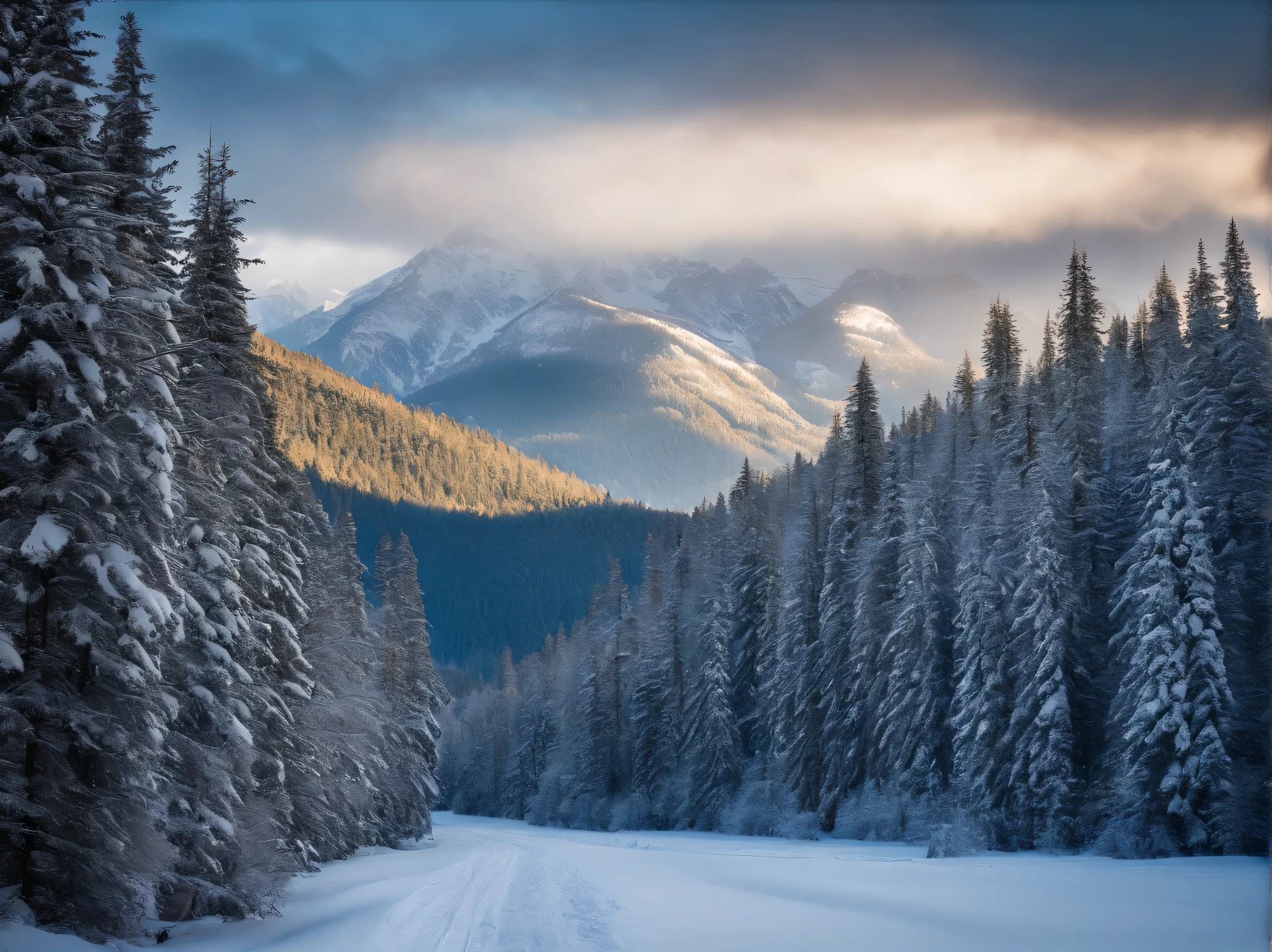 A snowy valley, surrounded by tall fir trees, whose branches are heavily covered with snow, while in the background the mountains glitter in the distance.