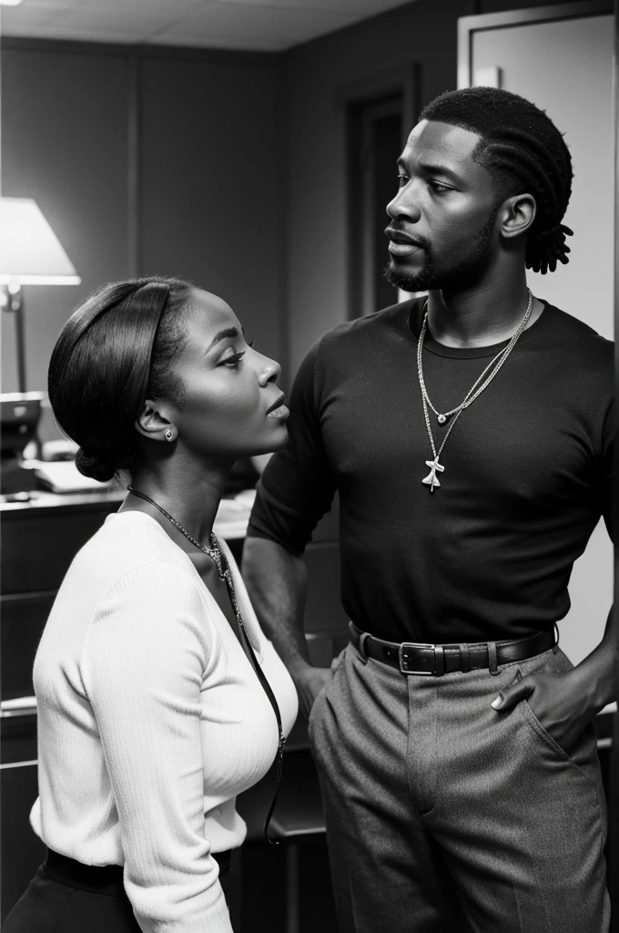 A lady talking with a negro at telephone 