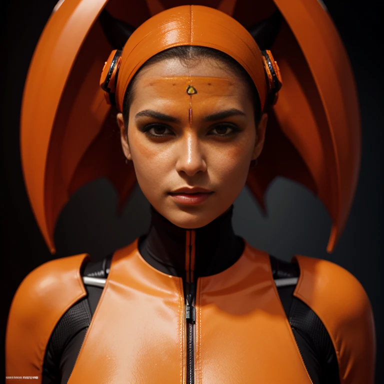 graceful orange a brazilian woman futuristic cyberpunk humanoid machine, symmetry _ _ 4, hyperrealistic high detail 7 0 mm, 4 k