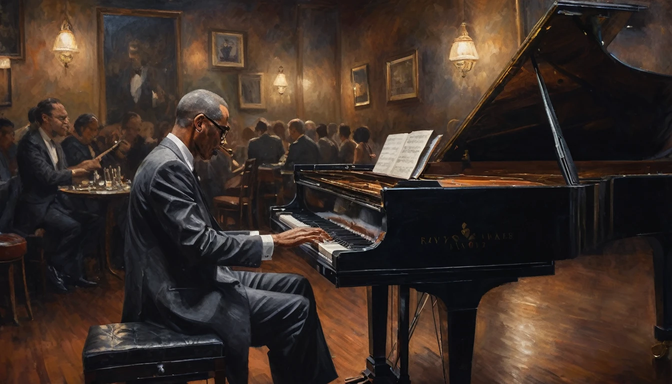 Impressionist painting, a moody scene at a intimate jazzclub, dark and smokey, a sole pianist is playing the gig of a lifetime, insane intricate detail, award winning art, raytracing, sharp focus, 8k, hdr, masterpiece, professional, highly detailed, perfect hands
