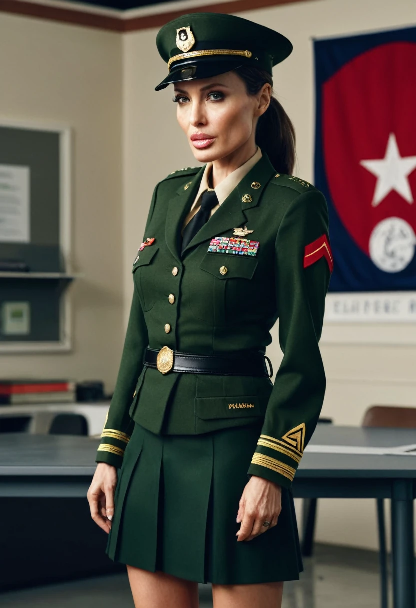 Angelina Jolie, wearing the uniform of a highly decorated general, inside an army base, general hat, skirt, beautiful, realistic, 4k, cinematic lighting, cowboy shot, ohwx woman,ohwx, serious expression 