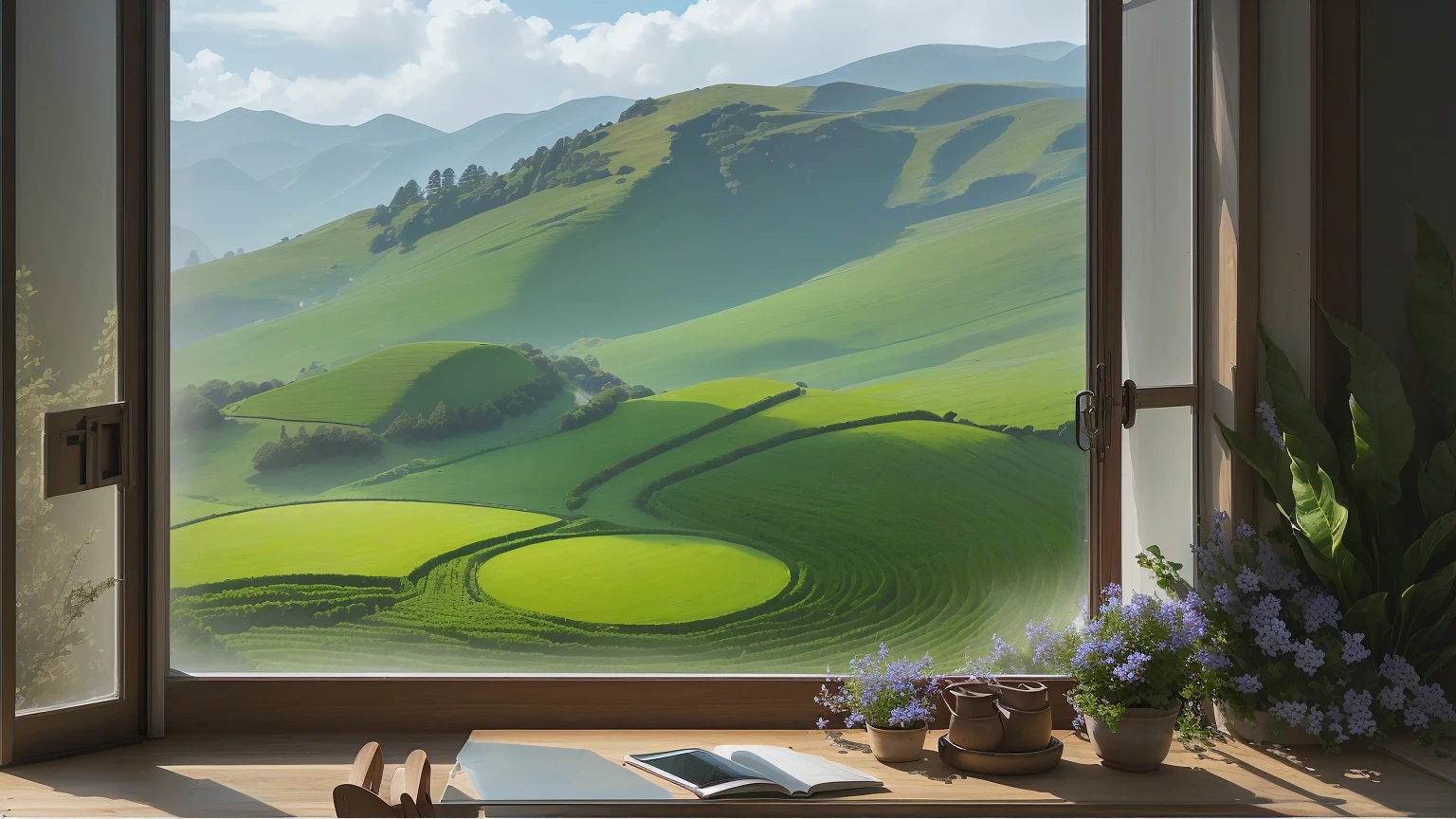 A green field can be seen from the large windows, It's raining outside天, It's raining outside the window, Rainy Days Indoors, it is It's raining outside the window, Rainy afternoon, It's raining outside, instagram photos amazing view, Soothing and comfortable landscape, It's raining outside, Scenery outside the window, Rain Window, Rainy Scene, stunning nature in background, Rainy day mood, Comfortable place