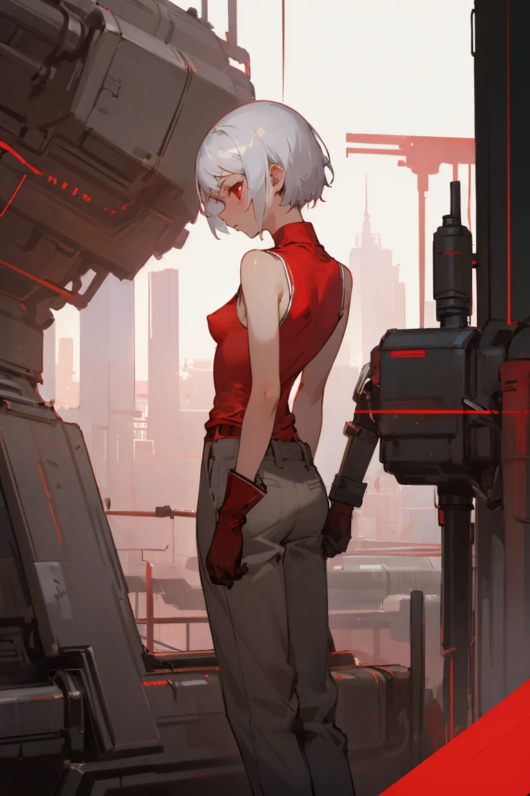 ((Highest quality)), ((masterpiece)), (Become familiar with), 1 girl, alone, Silver Hair,Brown Skin,Red eyes,Long trousers,Red sleeveless,((Red Shirt)),Clothes with a visible back, thin,thin,short hair,Small breasts, Erect nipples, gloves, cyber punk,sf