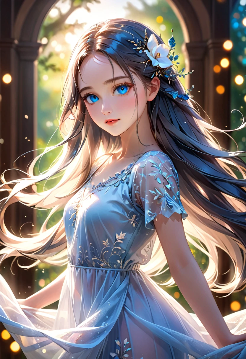 a very beautiful girl, extremely detailed face, large blue eyes, delicate facial features, fair skin, long flowing hair, graceful pose, serene expression, natural lighting, soft bokeh background, digital painting, intricate details, vibrant colors, masterpiece, high resolution, 8k, photorealistic, cinematic lighting, dramatic shadows, ethereal atmosphere