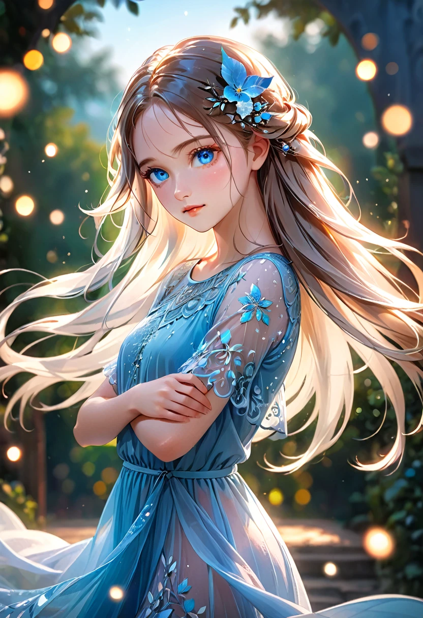 a very beautiful girl, extremely detailed face, large blue eyes, delicate facial features, fair skin, long flowing hair, graceful pose, serene expression, natural lighting, soft bokeh background, digital painting, intricate details, vibrant colors, masterpiece, high resolution, 8k, photorealistic, cinematic lighting, dramatic shadows, ethereal atmosphere