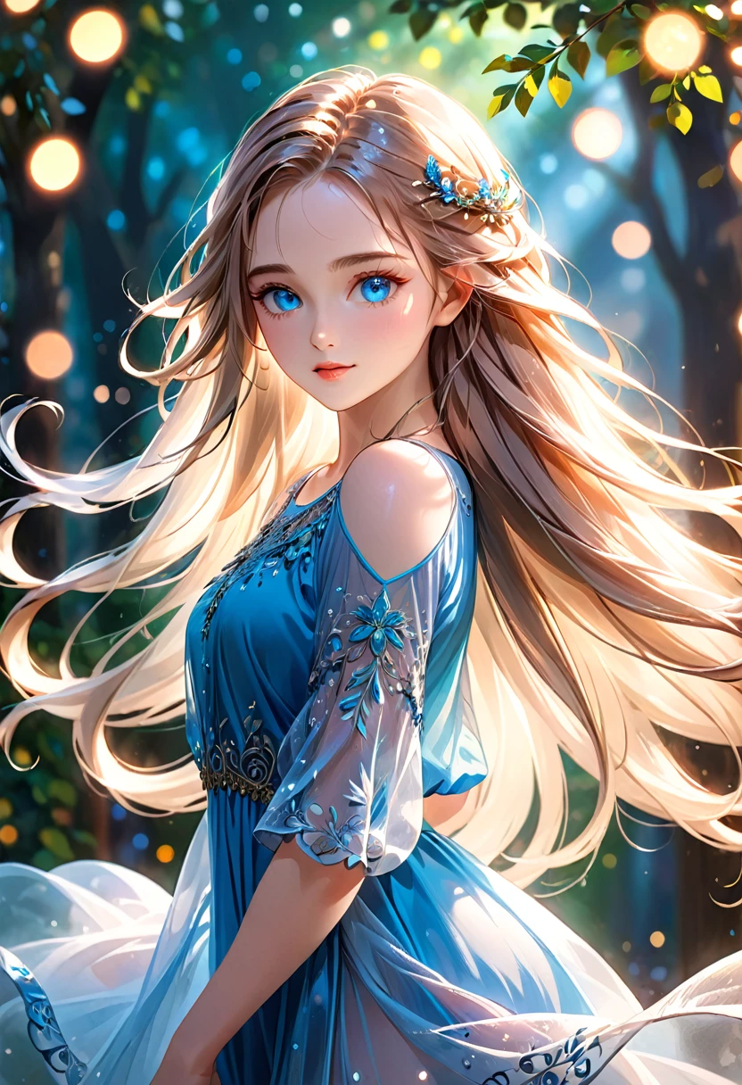 a very beautiful girl, extremely detailed face, large blue eyes, delicate facial features, fair skin, long flowing hair, graceful pose, serene expression, natural lighting, soft bokeh background, digital painting, intricate details, vibrant colors, masterpiece, high resolution, 8k, photorealistic, cinematic lighting, dramatic shadows, ethereal atmosphere
