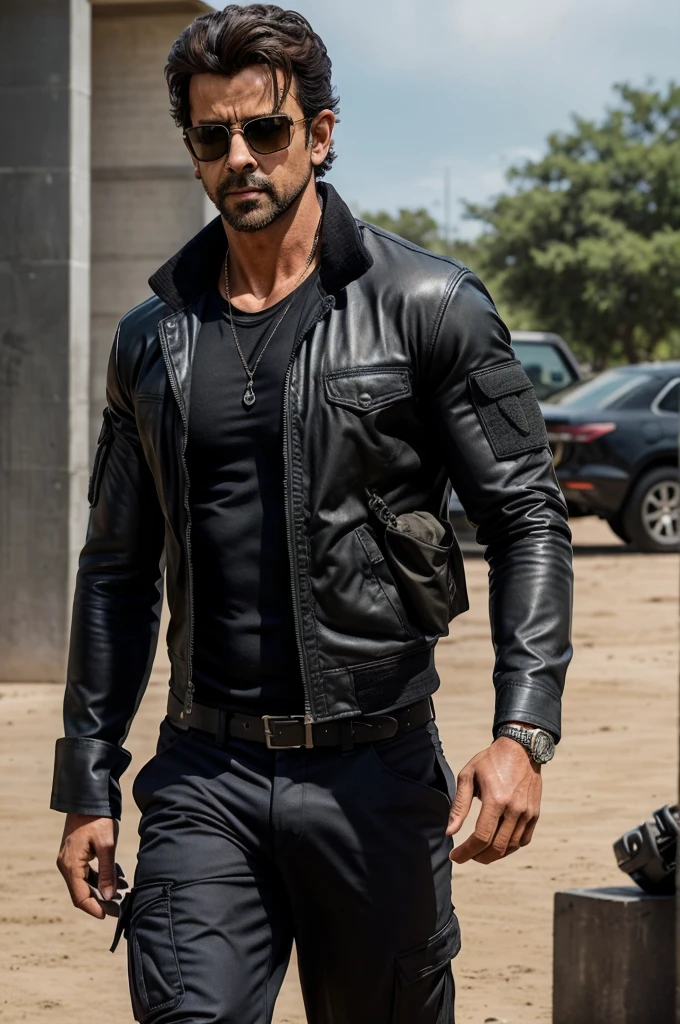 In "War 2," Hrithik Roshan's looks will likely blend rugged masculinity with refined style, reflecting his character Kabir's persona as a highly skilled soldier. He will don a range of outfits, from fitted t-shirts, leather jackets, and jeans for a casual cool vibe, to tactical gear like cargo pants and combat boots for action sequences. His undercover missions may see him in tailored suits, while training scenes will feature him in workout gear. Accessories like sunglasses, wristbands, and utility belts will complement his style, while his grooming will vary from light stubble to a clean shave, always maintaining a sharp and charismatic appearance.