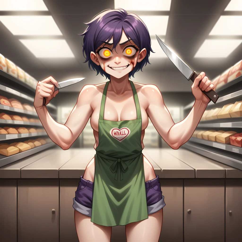 (masterpiece:1.3) 1girl, , (female serial killer:1.5) (skinny with an ugly face:1.3) working at Walmart, wearing an apron with topless under the apron, wide eyes, blood stains on clothes, short khaki shorts, big evil smile, (holding a knife:1.3), horror Walmart background, florescent grocery store lighting, deep shadows , extreme details, , complimentary lighting colors, deep skin, , brightly colored composition, "constricted pupils, small pupils, yellow glowing eyes", Slender Girl, OL, JK, purple bags_under_eyes, ( downblouse, BarbaraEvenot, Bags und