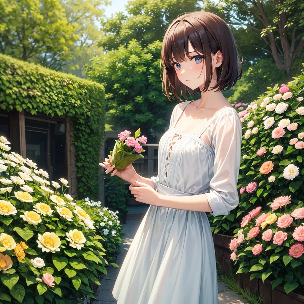 A solo vintage girl, in gardeninv, His hair color is brown, his eyes are green, bust up!!!!
