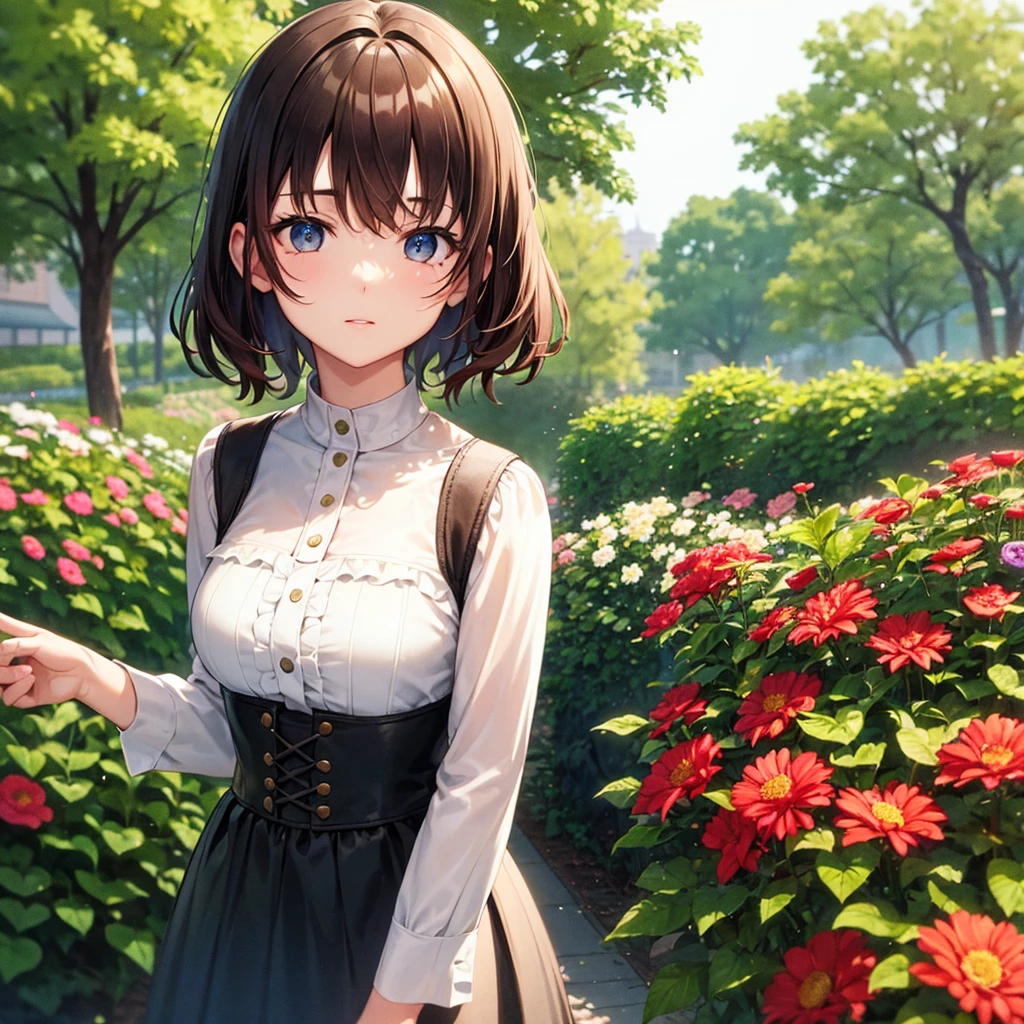 A solo vintage girl, in gardeninv, His hair color is brown, his eyes are green, bust up!!!!