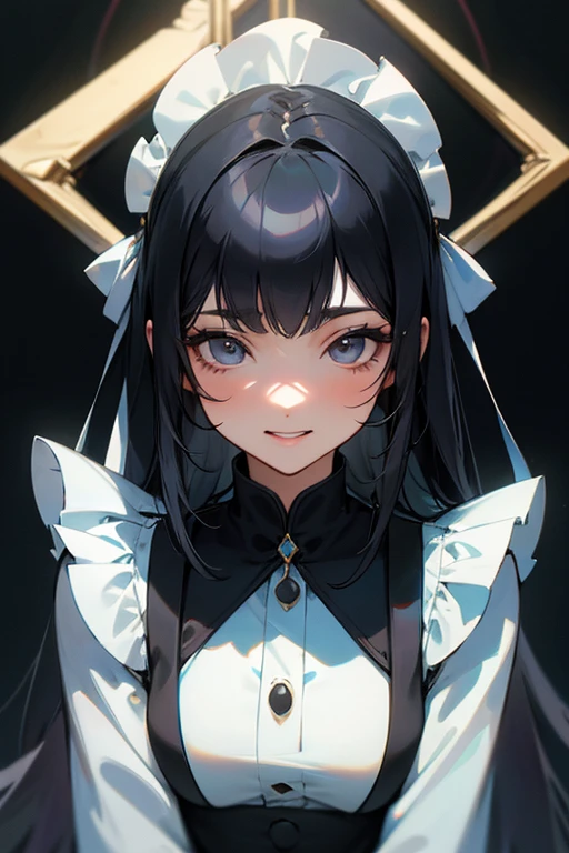 (Highest Resolution, clear_image) Highest quality, One woman, alone, masterpiece, Very detailed, Semi-realistic, Black Hairのショートヘア, Black Hair, bangs, 18-year-old, mature, light blue uniform, uniform, 私ndoor Background, kind, Authoritative, Powerful, exquisite features, exquisite features、Eyelashes become longer、Showing teeth、smile😀、Maid clothes、woman'Fingers in the、Sleeping on the sofa、Long Hair、Fluttering in the wind、Navy blue clothes、Long Hair、The tie is a red ribbon、