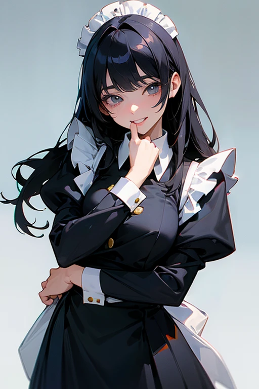 (Highest Resolution, clear_image) Highest quality, One woman, alone, masterpiece, Very detailed, Semi-realistic, Black Hairのショートヘア, Black Hair, bangs, 18-year-old, mature, light blue uniform, uniform, 私ndoor Background, kind, Authoritative, Powerful, exquisite features, exquisite features、Eyelashes become longer、Showing teeth、smile😀、Maid clothes、woman'Fingers in the、Sleeping on the sofa、Long Hair、Fluttering in the wind、Navy blue clothes、Long Hair、The tie is a red ribbon、