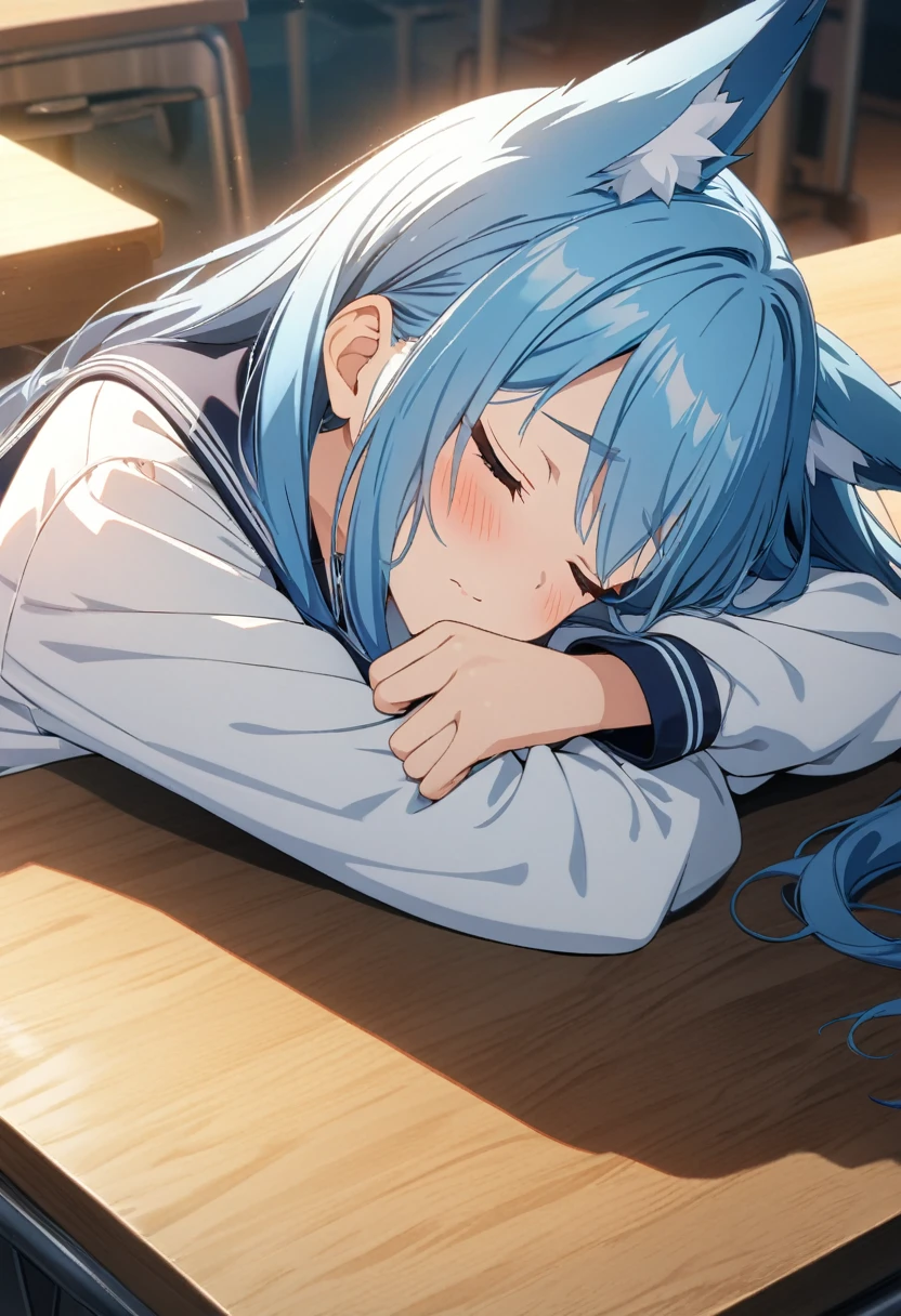 (wallpaper 8k CG), (masterpiece), (best quality), anime style, serafuku, 1 girl, solo, high resolution, masterpiece, best quality, extremely detailed, pretty, long hair, blue hair, (closed eyes:1.3), blush, whole body, (fox ears), (A profile view of a person resting their head on their arms on a desk.)