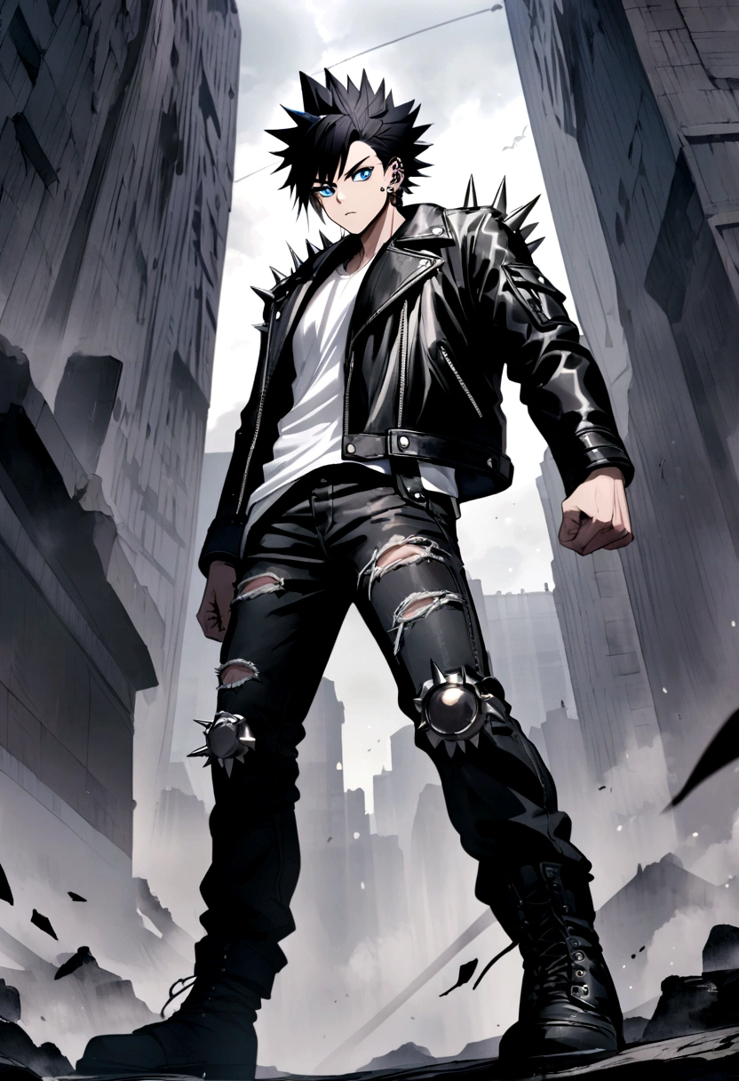 Create a anime character who tall and lean with a confident stance. He has spiky black hair with streaks of silver, and piercing blue eyes. He wears a black leather jacket over a white t-shirt, ripped jeans, and black combat boots.