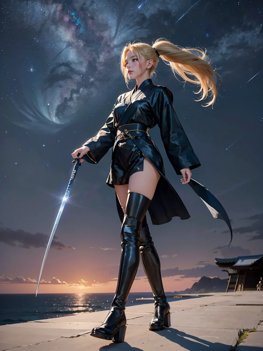 1 girl, ultra long hair, ultra detailed face, glowing lips, glowing blue eyes, very long ponytail, elegant walk, catwalk, holding down a  giant katana, blonde, long eyelashes, long boots , looking to the sky, starry sky, a ultra giant katana 