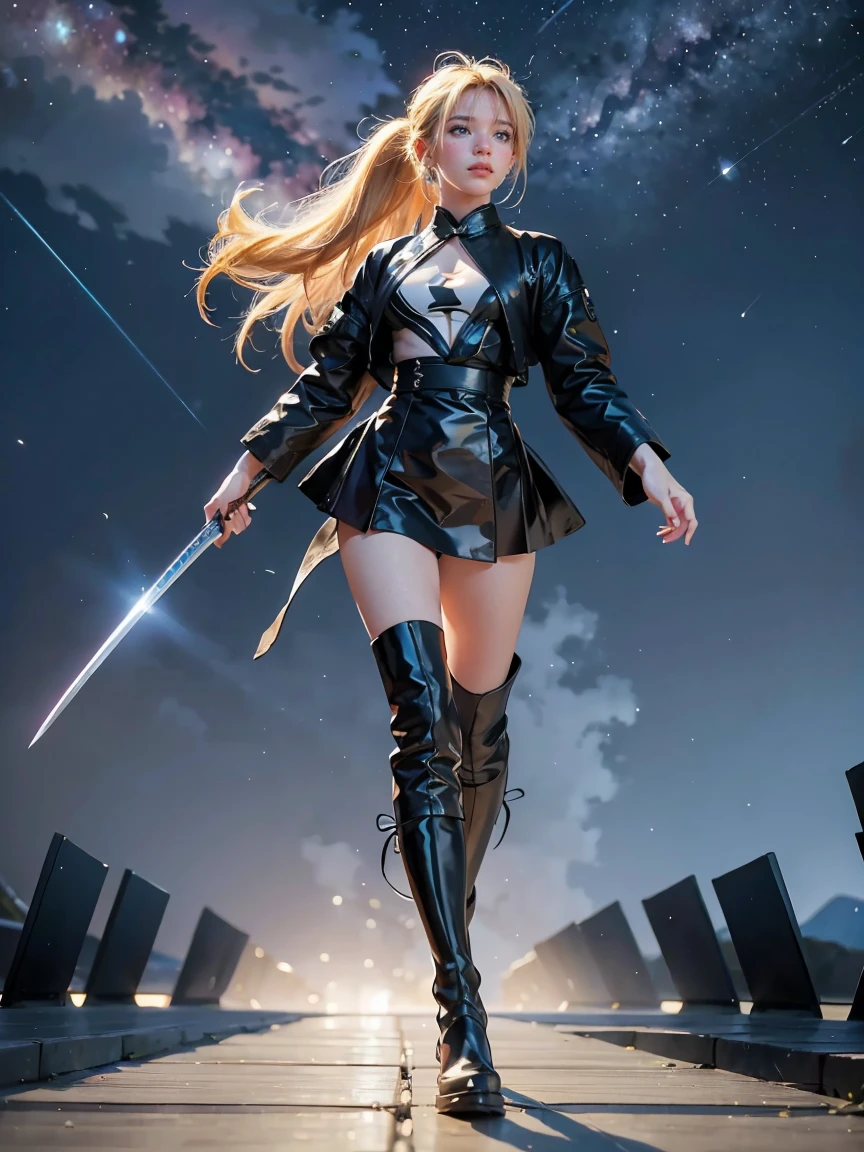 1 girl, ultra long hair, ultra detailed face, glowing lips, glowing blue eyes, very long ponytail, elegant walk, catwalk, holding down a  giant katana, blonde, long eyelashes, long boots , looking to the sky, starry sky, a ultra giant katana 