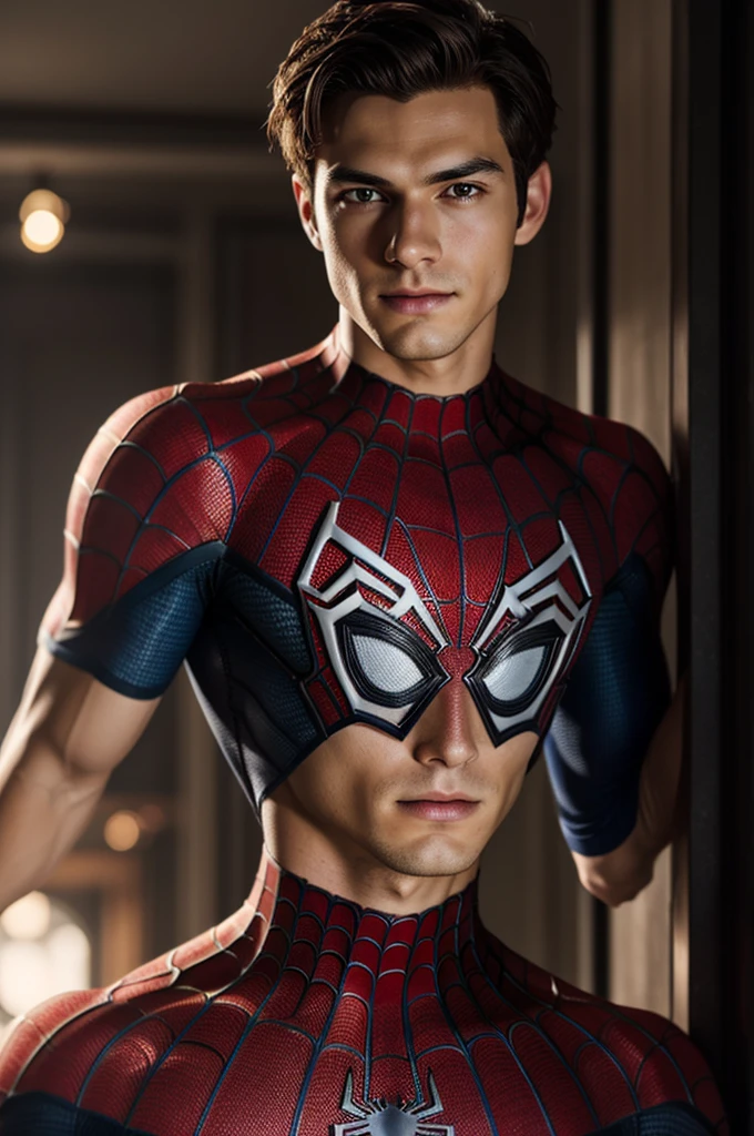 Photo of spider man, no mask, 20s, handsome, detailed face, looking at camera, Portrait, 8k uh, High quality