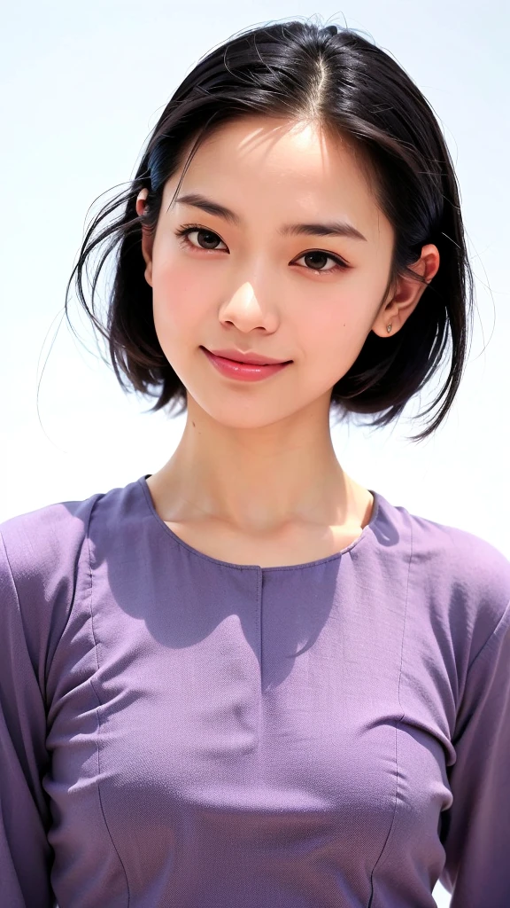 (1 woman:1.5)、(Wide forehead、Very short hair、Very small amount of hair、Forehead、Fuji frame:1.1)、Sunburn、、Naughty、Happy expression、柔らかなsmile、(Lavender colored dress),((Very sleepy、Improves skin texture,smile、Narrow eyes、Very weak eyesight、Very weak eyeliner、Half-closed eyes、I know the shape of your head、Oval Face))、(slicked back hair:1.25)、Photographic, Raw photo, Mastepiece, Highly detailed photos, Digital SLR, Photo-realistic 1.4, Super hello nothing, Best Quality,(standing、tilting your head、whole body:1.5)