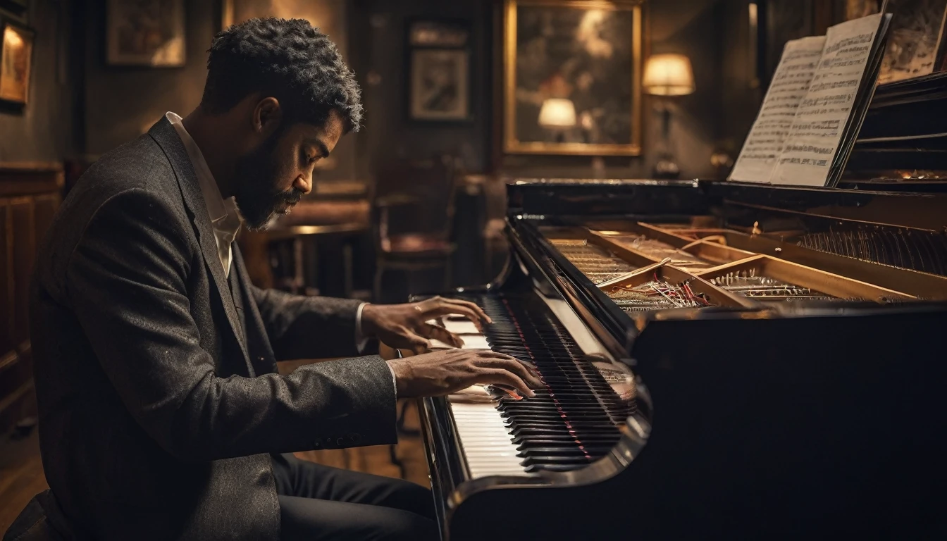 Impressionist painting, a moody scene at a intimate jazzclub, dark and smokey, a sole pianist is playing the gig of a lifetime, insane intricate detail, award winning art, raytracing, sharp focus, 8k, hdr, masterpiece, professional, highly detailed, perfect hands