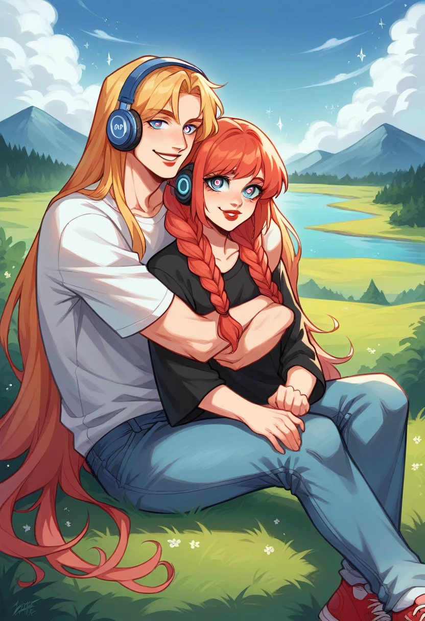 a beautiful Indonesian woman smiling thinly, red lips, sparkling eyes, wearing headphones, long hair in two braids, wearing a black t-shirt with a picture of a young man's face with minus glasses, long CCRM jacket, long jeans, sneakers. The woman was sitting on a hill and hugging panda cubs in the background by the lake, blue clouds sky, mountains, lush trees, flowing waterfalls look beautiful very realistic 8k