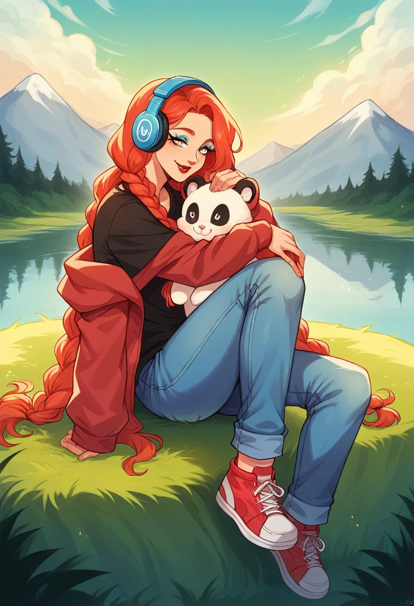 a beautiful Indonesian woman smiling thinly, red lips, sparkling eyes, wearing headphones, long hair in two braids, wearing a black t-shirt with a picture of a young man's face with minus glasses, long CCRM jacket, long jeans, sneakers. The woman was sitting on a hill and hugging panda cubs in the background by the lake, blue clouds sky, mountains, lush trees, flowing waterfalls look beautiful very realistic 8k