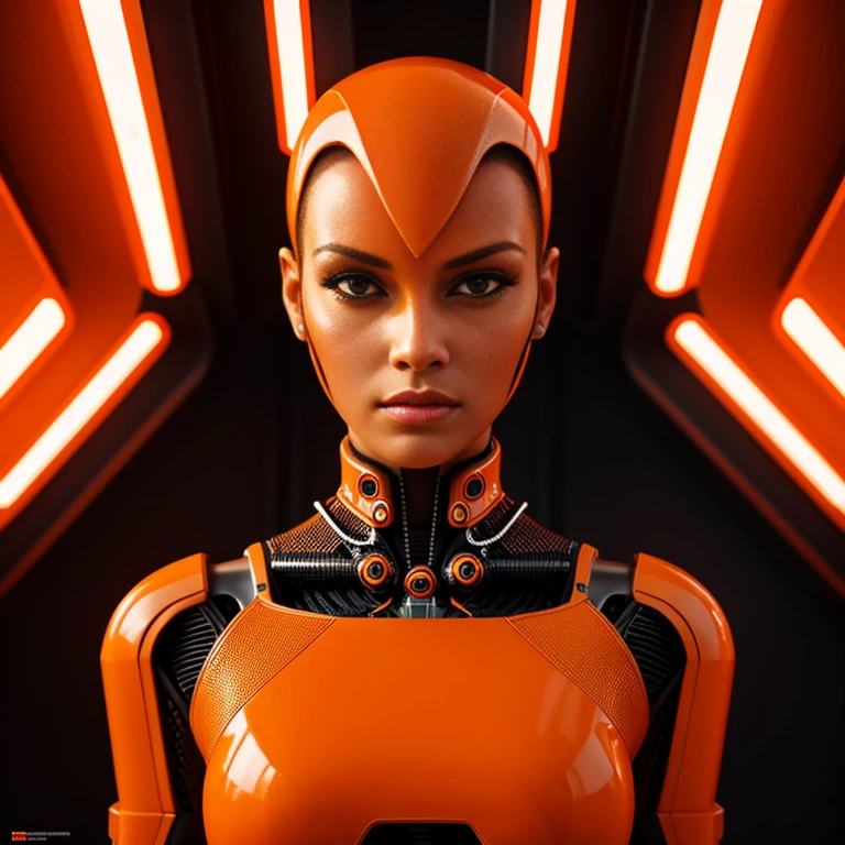graceful orange a brazilian woman futuristic cyberpunk humanoid machine, symmetry _ _ 4, hyperrealistic high detail 7 0 mm, 4 k