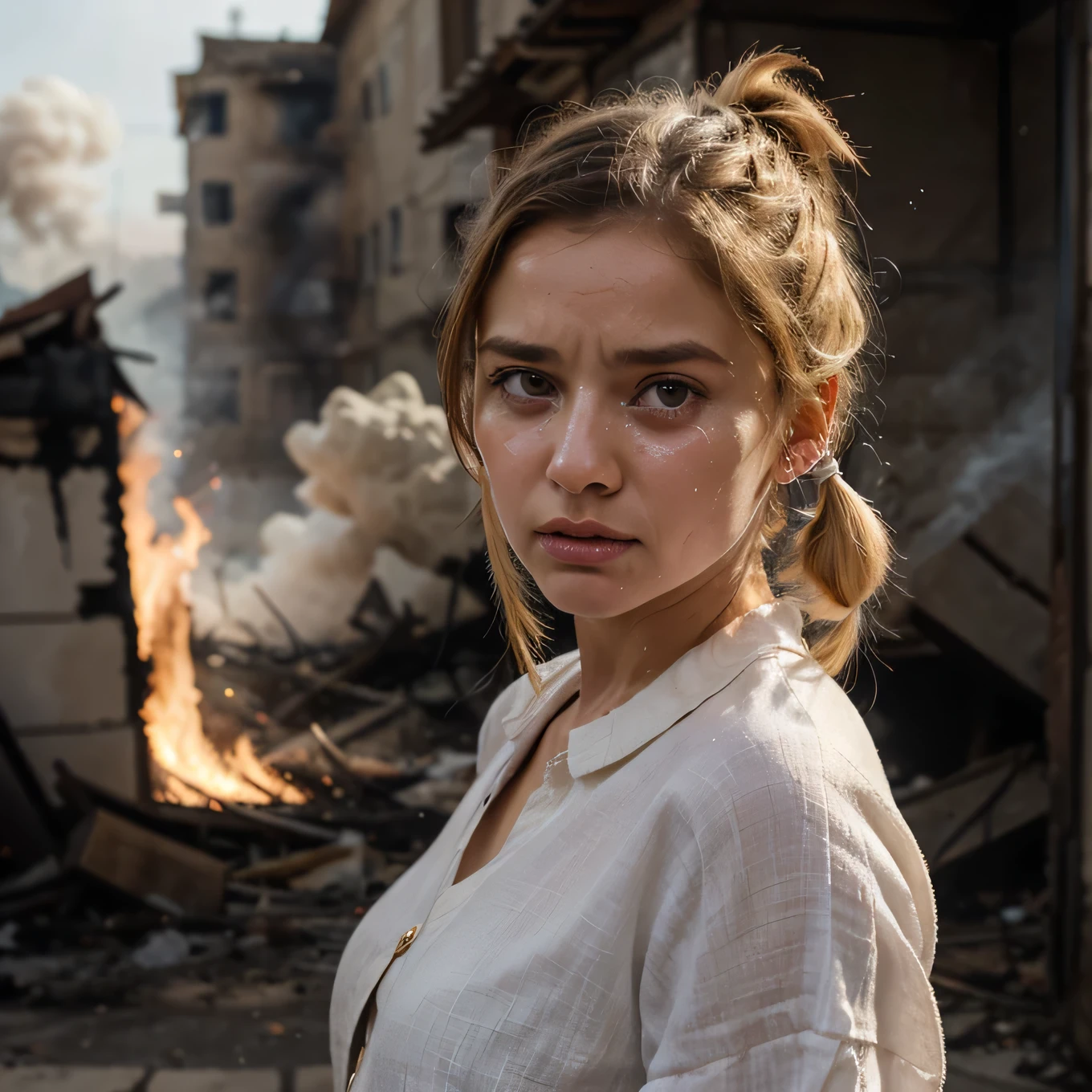 masterpiece, best quality, full body, Bubbles, wearing white medieval linen tunic, blonde pigtails, pretty face, crying expressions, tears drop, insanely detailed eyes, intense look, hopeless pose, destroyed medieval city, distant fires, rising smoke