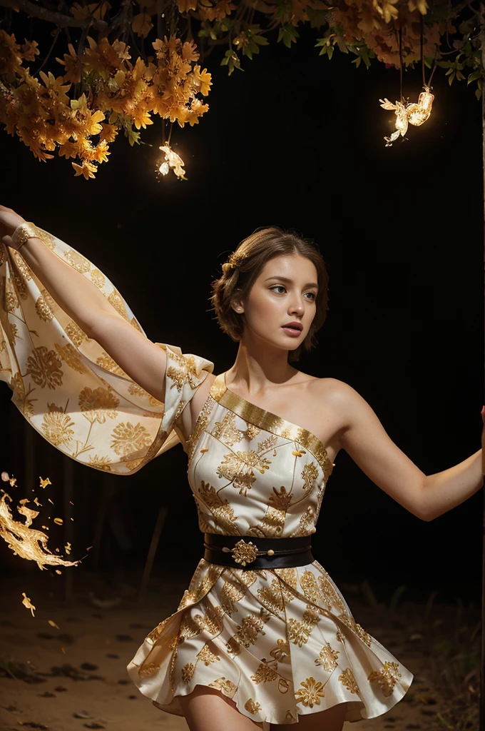 white-skinned woman with short brown hair wearing a dress with golden petals flying around her, lady in a bright floral dress, Perky petal woman, A dress made of fire, Fine Art Fashion Photography, light dress, Intricate, eye-catching lighting, Elaborate Dress, flowy dress, Dramatic fairytale lighting, award winning fashion photography, high fashion photography, Fire Dress, Fractal dress, editorial fashion photo
