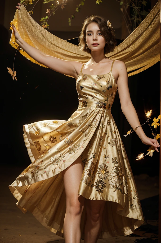 white-skinned woman with short brown hair wearing a dress with golden petals flying around her, lady in a bright floral dress, Perky petal woman, A dress made of fire, Fine Art Fashion Photography, light dress, Intricate, eye-catching lighting, Elaborate Dress, flowy dress, Dramatic fairytale lighting, award winning fashion photography, high fashion photography, Fire Dress, Fractal dress, editorial fashion photo