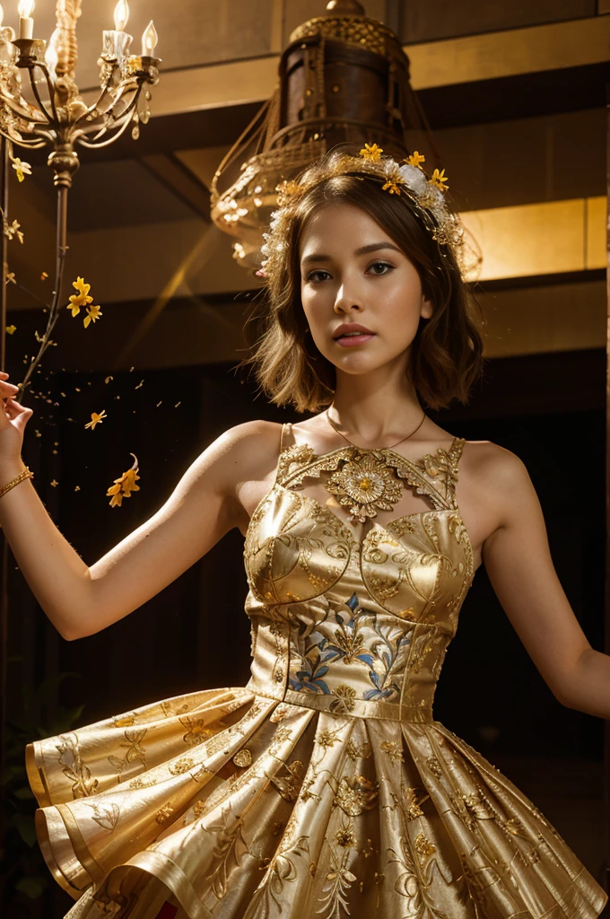 white-skinned woman with short brown hair wearing a dress with golden petals flying around her, lady in a bright floral dress, Perky petal woman, A dress made of fire, Fine Art Fashion Photography, light dress, Intricate, eye-catching lighting, Elaborate Dress, flowy dress, Dramatic fairytale lighting, award winning fashion photography, high fashion photography, Fire Dress, Fractal dress, editorial fashion photo