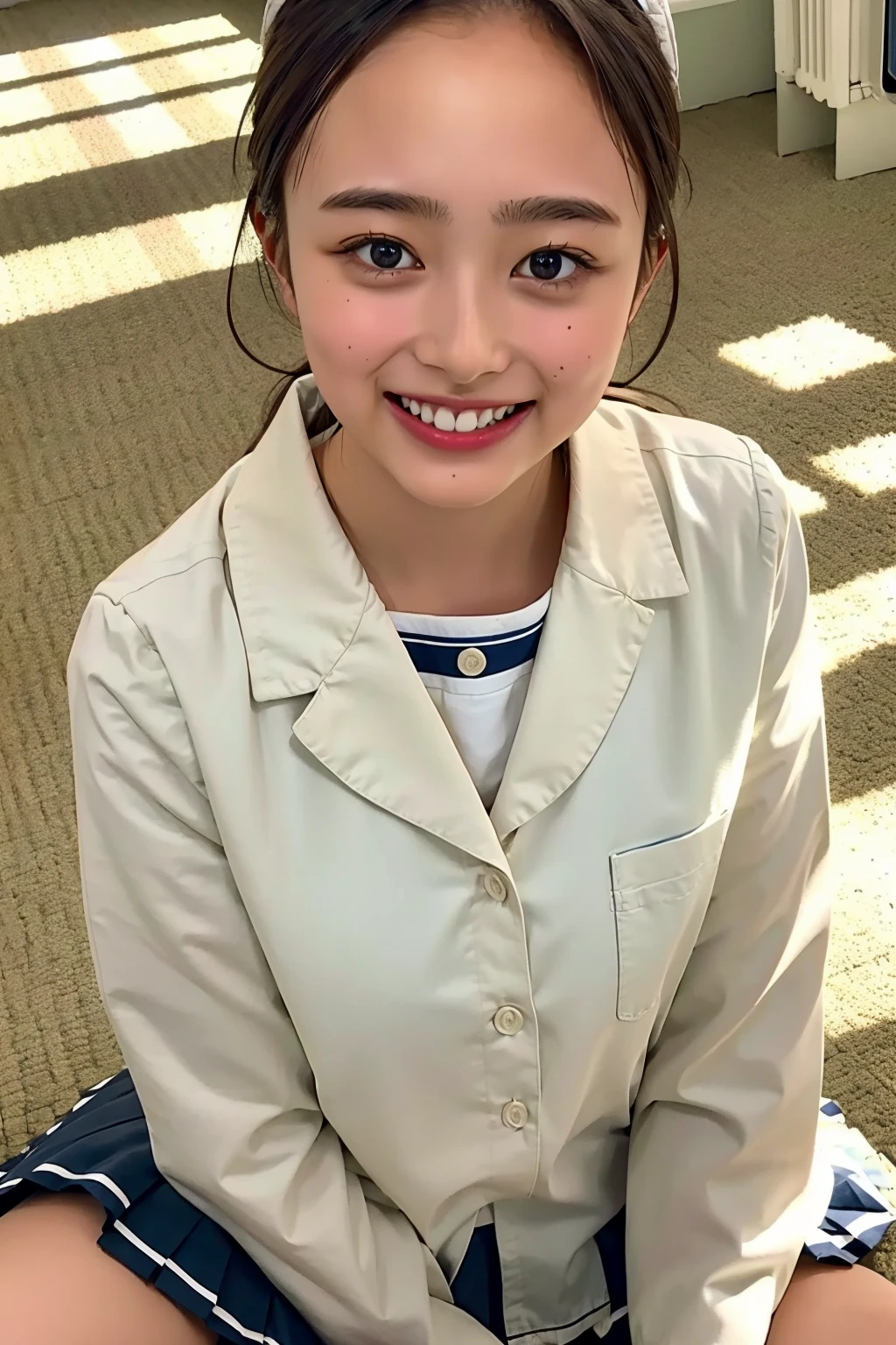 (((upper body shot))),Ultra-high resolution,big eyes,(brown eyes),Japanese,(forehead),(a girl),(1 girl),((17 years old)),(cute),pretty,((facing at viewer)),grin,(((white school sailor shirt))),pleated skirt,(sitting)