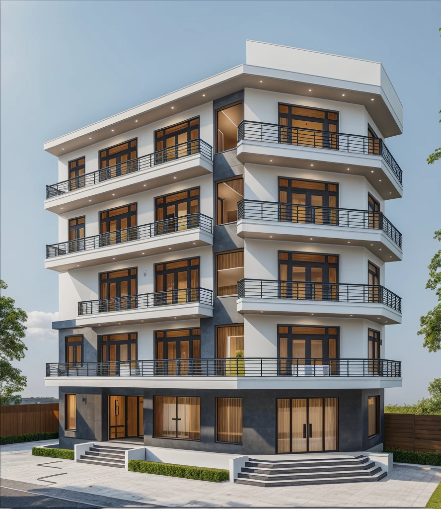 1 modern townhouse, the main materials of the house are white and gray wall colors: 1.2, glass panels: 1.1, glass doors: 1.2, black iron railings, 1 large yard, 1 road in front of the house, (Raw , Real photos, best quality, masterpiece effects: 1.2), modern and minimalist appearance, road in front of the house, dynamic lighting: 1.3, (super realistic, photo-realistic: 1.2), quality high quality, (dark light:1.2), excellent perfect lighting, ((with people, with cars))