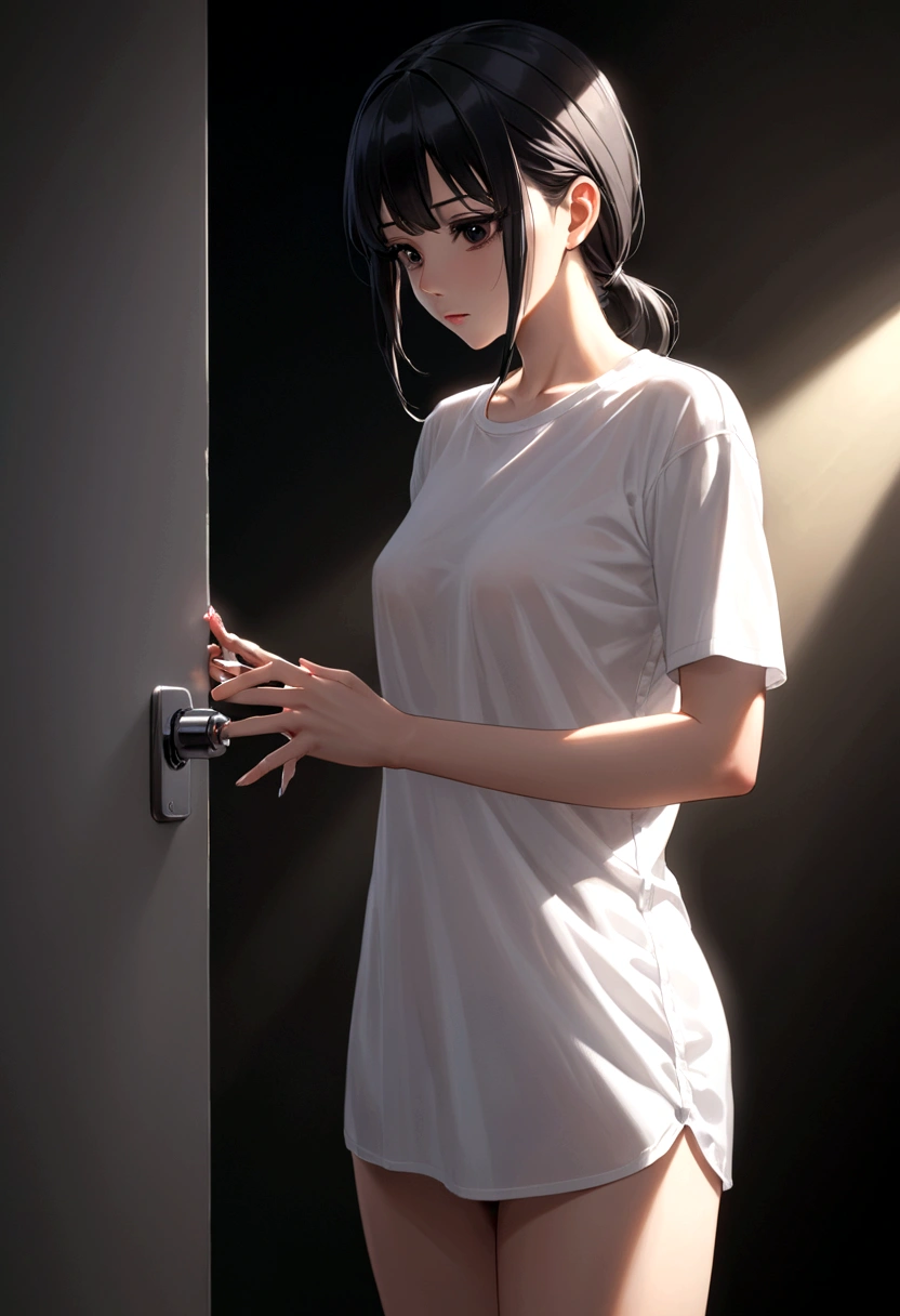 Cool guy、White shirt open、Black Hair、Dark Eyes、nsfw、female 、Are standing、