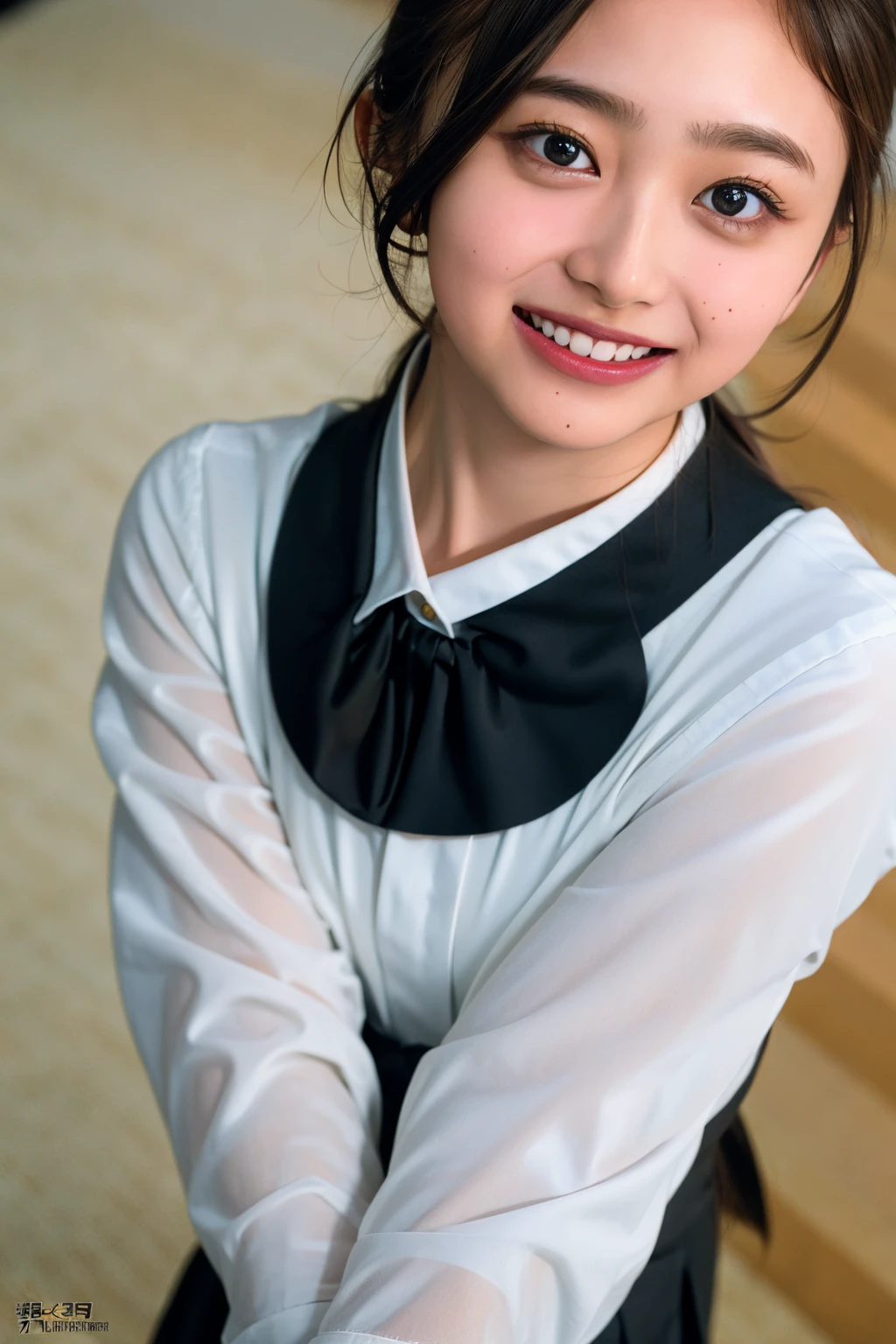 (((upper body shot))),Ultra-high resolution,big eyes,((brown eyes)),Japanese,(forehead),(a girl),(1 girl),(()),(cute),pretty,((facing at viewer)),arms behind back,grin,(((black uniform)))