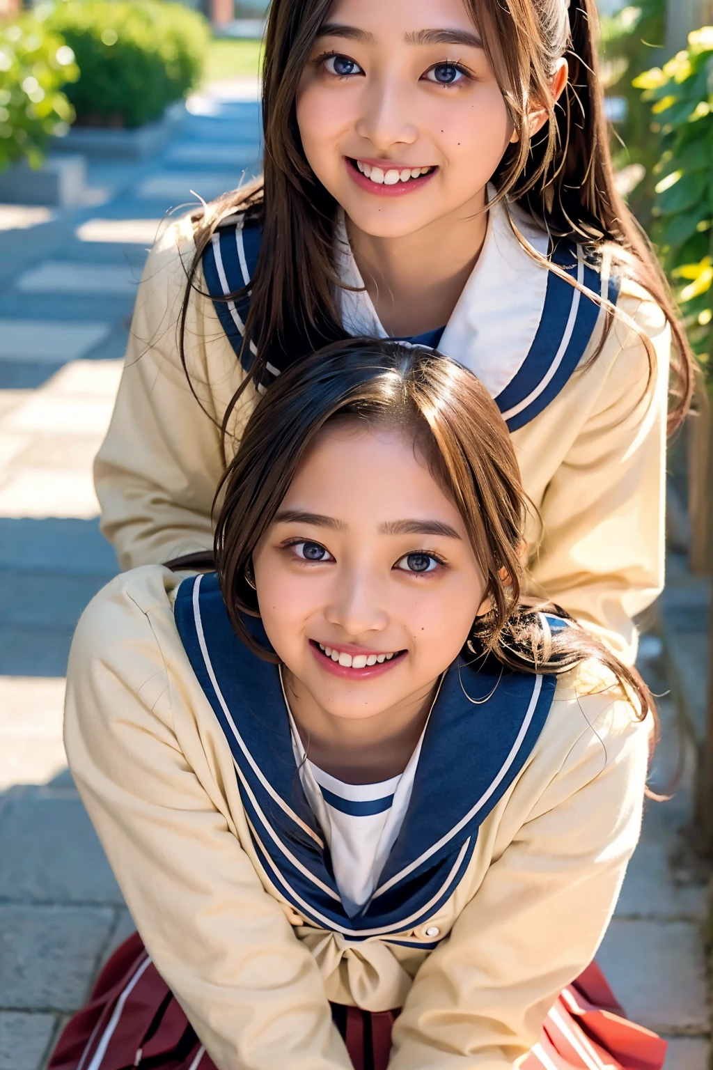 (((upper body shot))),Ultra-high resolution,big eyes,(brown eyes),Japanese,(forehead),(a girl),(1 girl),(()),(cute),pretty,((facing at viewer)),grin,(((white school sailor uniform))),pleated skirt,(sitting),(thick thighs)