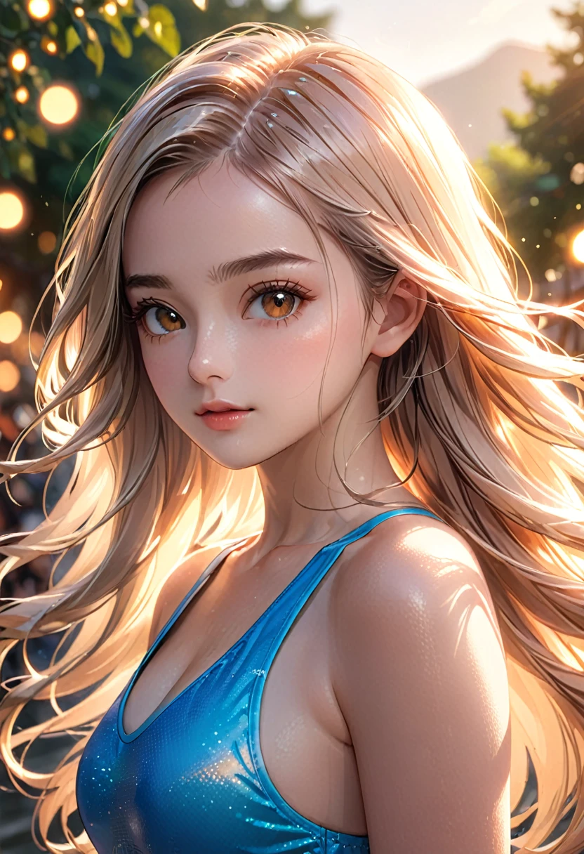 a beautiful girl in a swimsuit, detailed face, White long hair, looking at camera, outdoor natural sunlight, golden hour lighting, cinematic color grading, highly detailed, photorealistic, 8K, masterpiece, (best quality, 4k, 8k, highres, masterpiece:1.2), ultra-detailed, (realistic, photorealistic, photo-realistic:1.37), HDR, UHD, studio lighting, ultra-fine painting, sharp focus, physically-based rendering, extreme detail description, professional, vivid colors, bokeh, portrait
