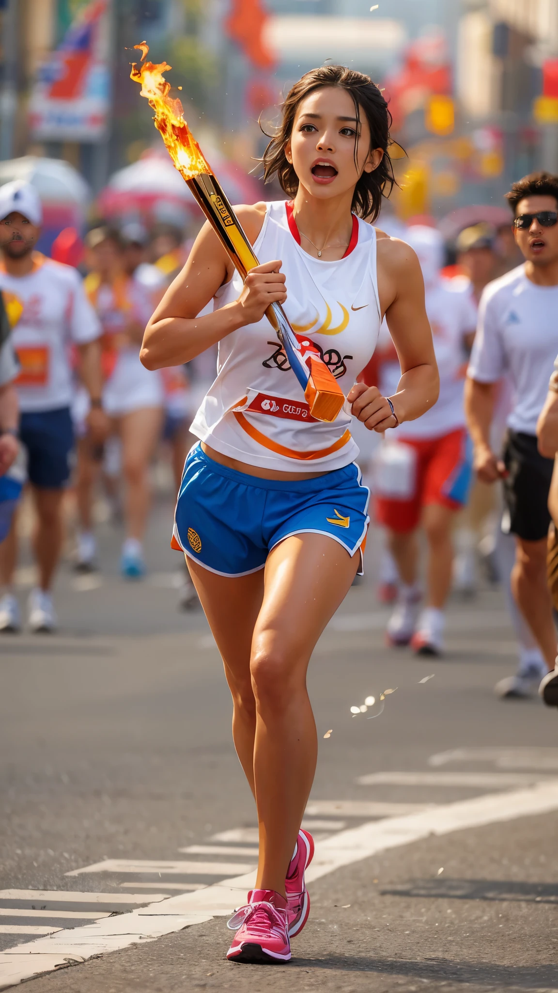 A beautiful torchbearer running shirt with the Olympic mark on her chest and shorts, jogging down a public road with the Olympic torch in hand. Her running shirt is wet with sweat, and her erect nipples are clearly visible. gigantic sagging breasts. Slim body with firm abs. A large number of spectators on the road are watching with lovestruck looks on their faces.