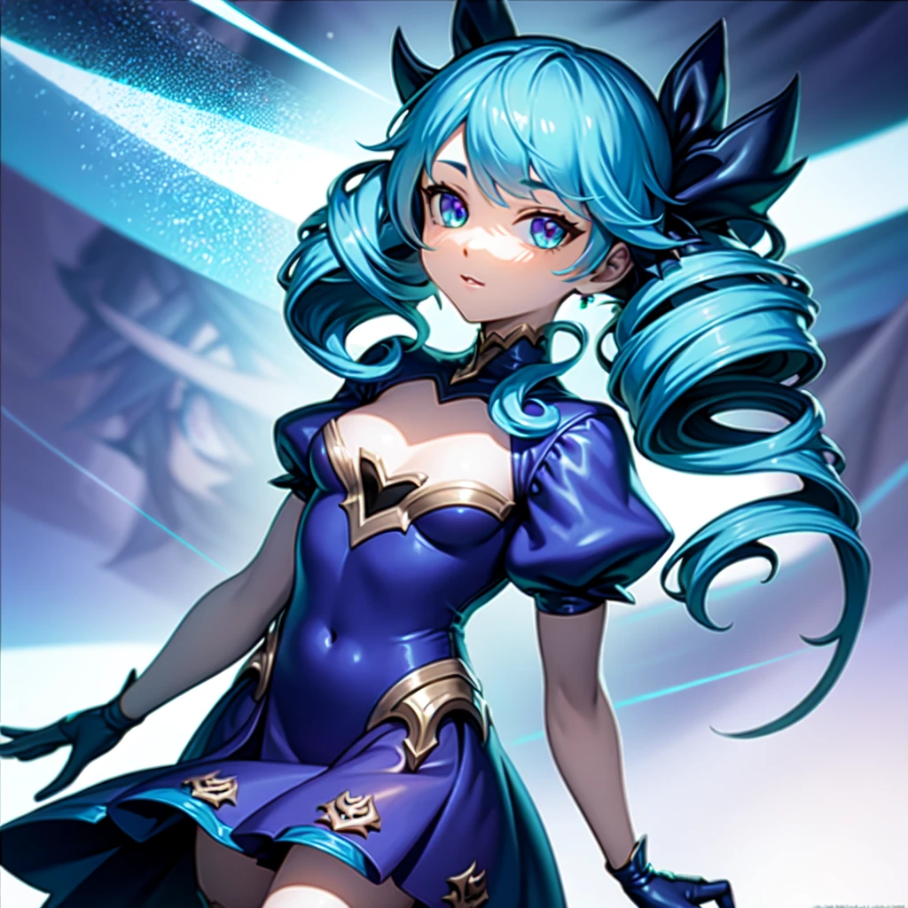 ((best quality)), (Extremely detailed), ((Extremely detailed)), (Fair), ((Kawaii girl)),  ((Ultra HD)), (masterpiece), (high quality), (best quality), (4K), (high quality), （1 girl）, （Random actions），slim, （Transparent fabric），Gwen，League of Legends，Curled up double ponytails